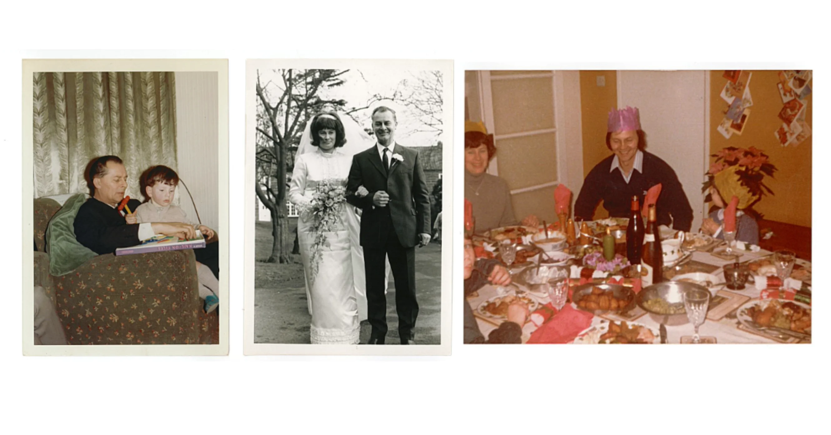 A selection of three family photographs. In the first is a child sitting on a relative's lap, the second is a black and white wedding photograph, the third is taken a a Christmas dinner with people sitting around a table in party hats.