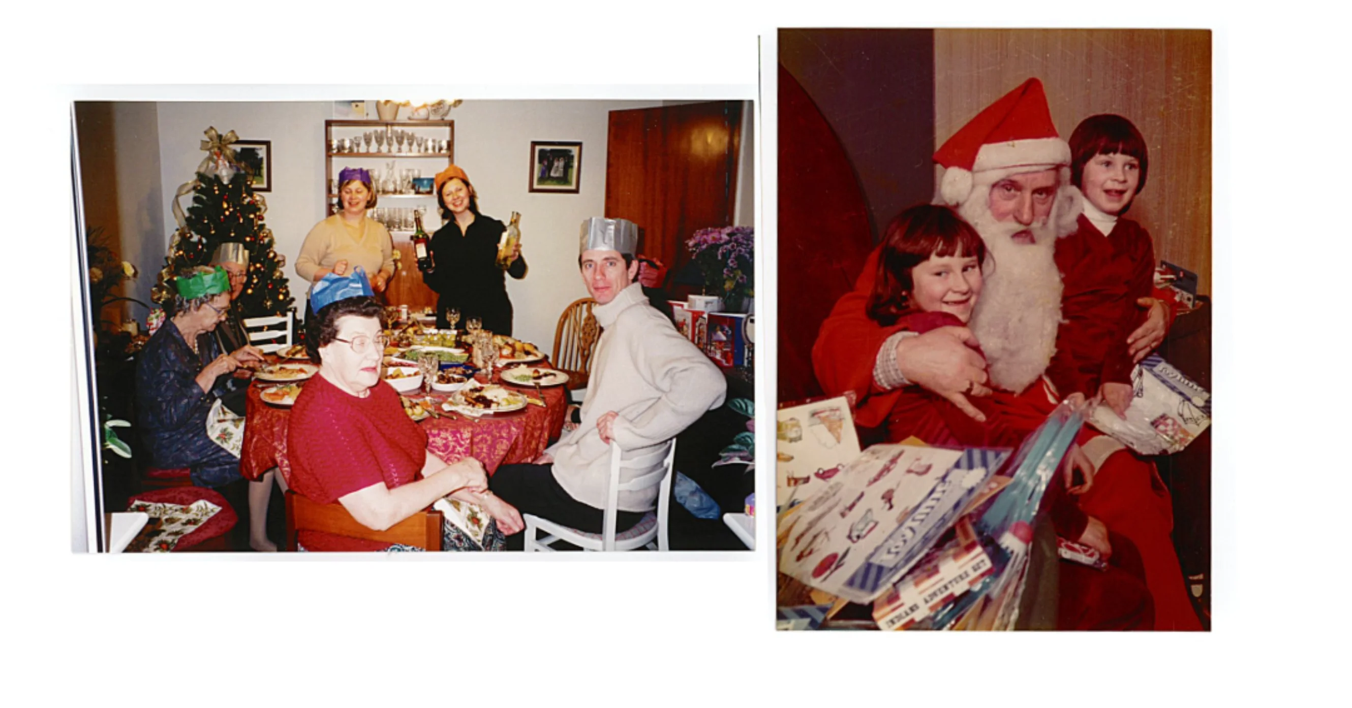 Two Christmas family photographs, The first is at a Christmas dinner, the other two children sitting with Santa holding Christmas presents.
