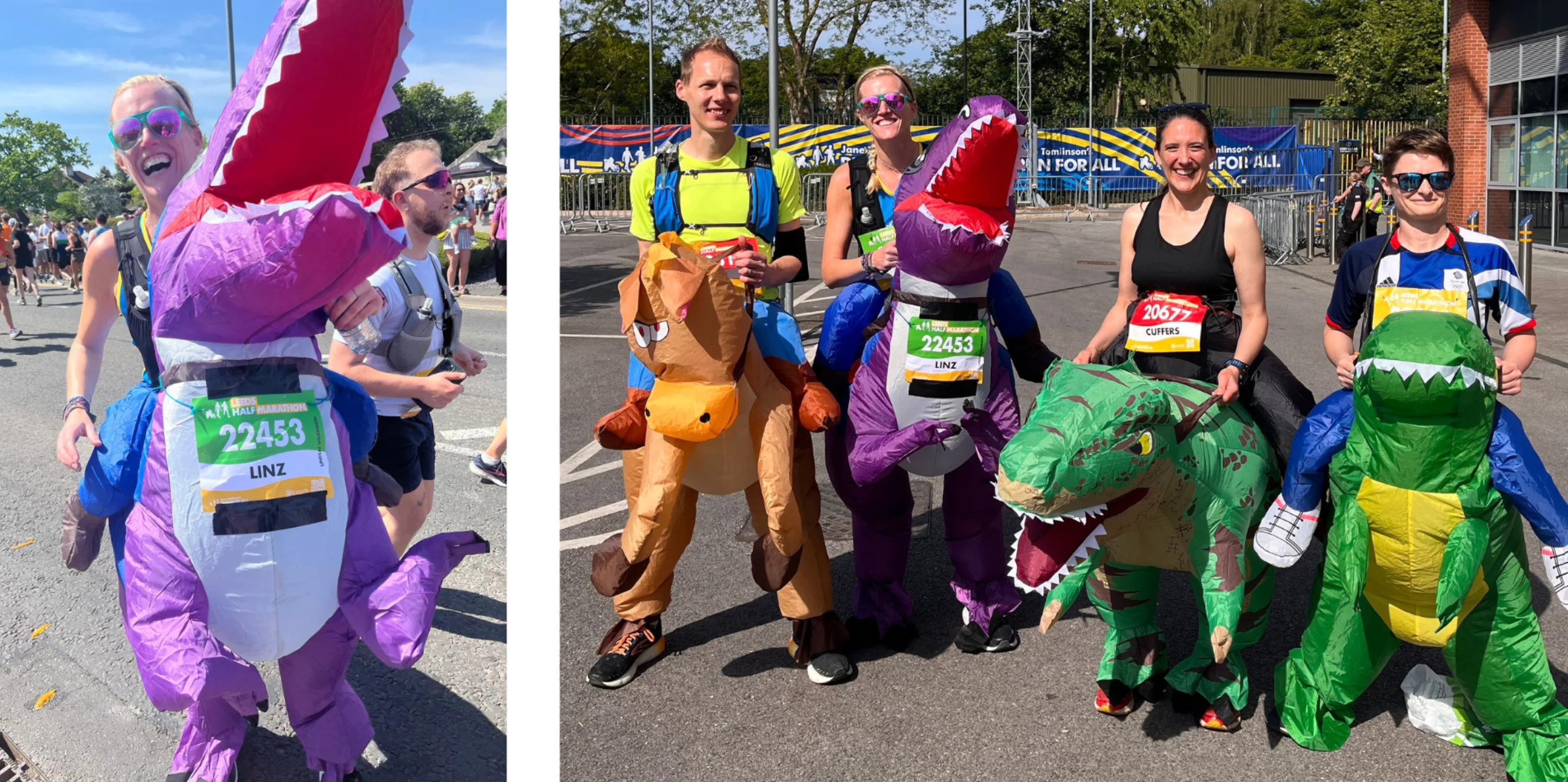 Two photos: Lindsay in her dinosaur costume; Lindsay with her friends in their dinosaur costumes