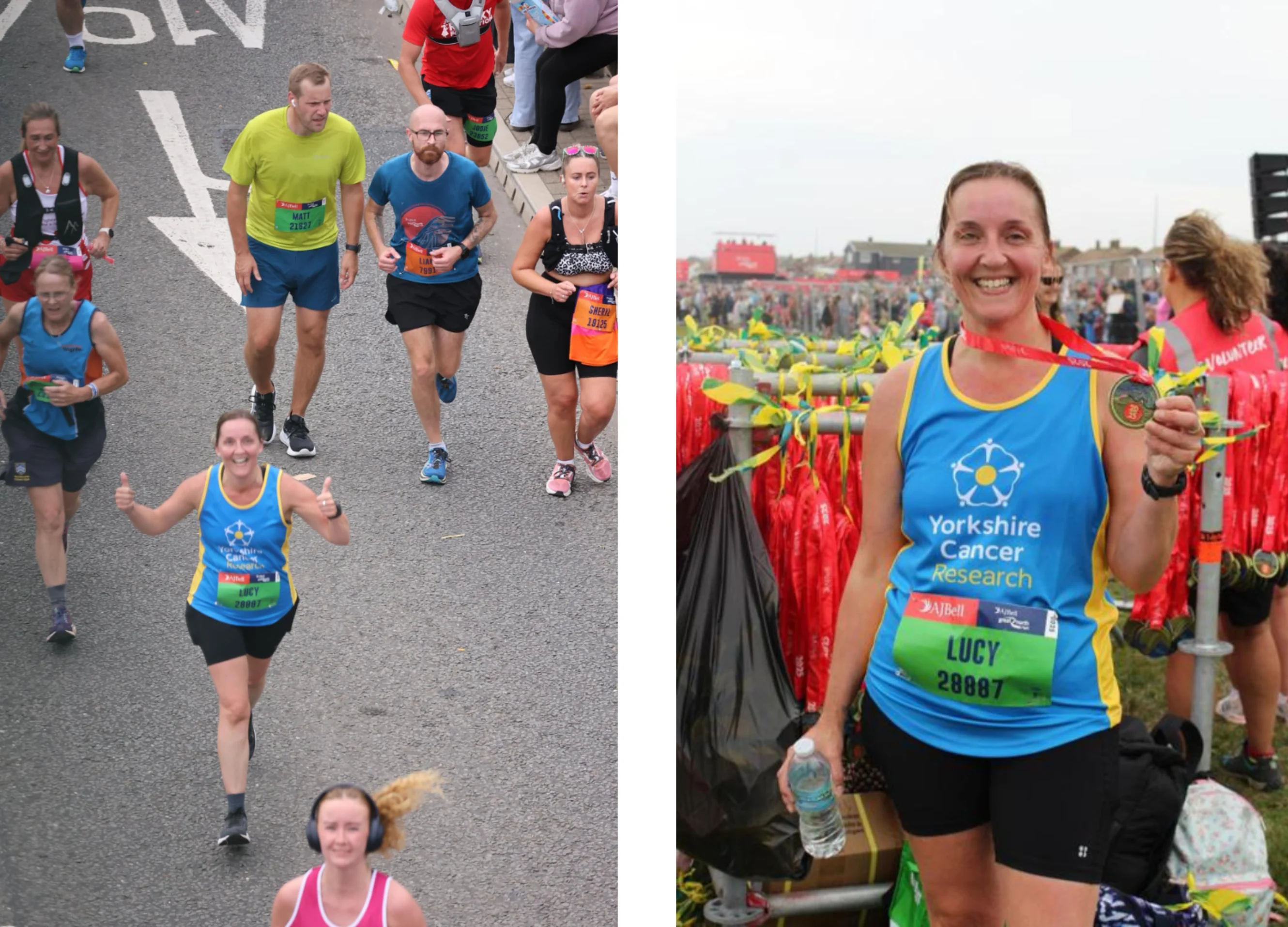 Two photos: Lucy running in the race; Lucy holding her medal at the end