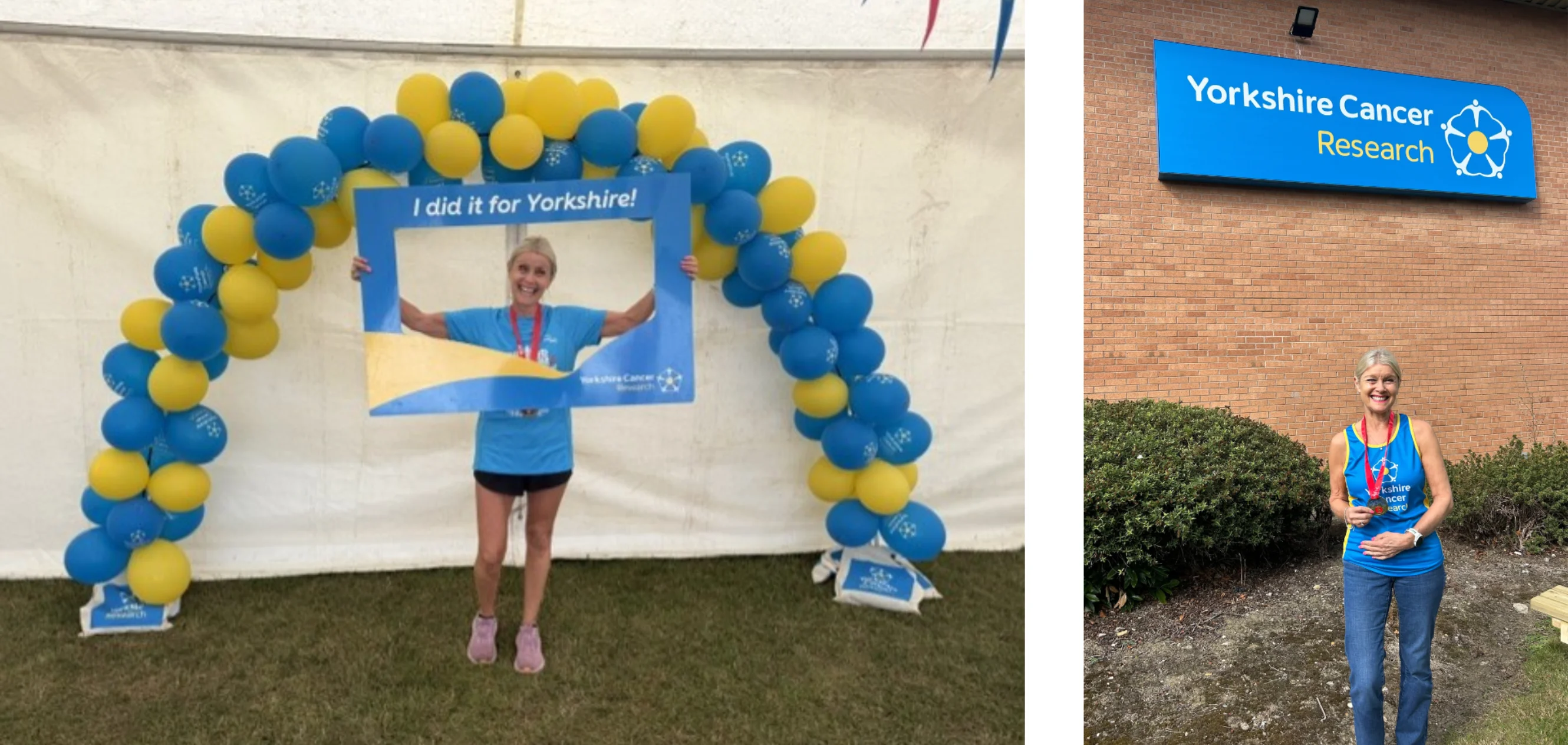 Two photos: Rosemary holding a 'I did it for Yorkshire!' frame after finishing the race; Rosemary holding her medal outside of the Yorkshire Cancer Research Centre