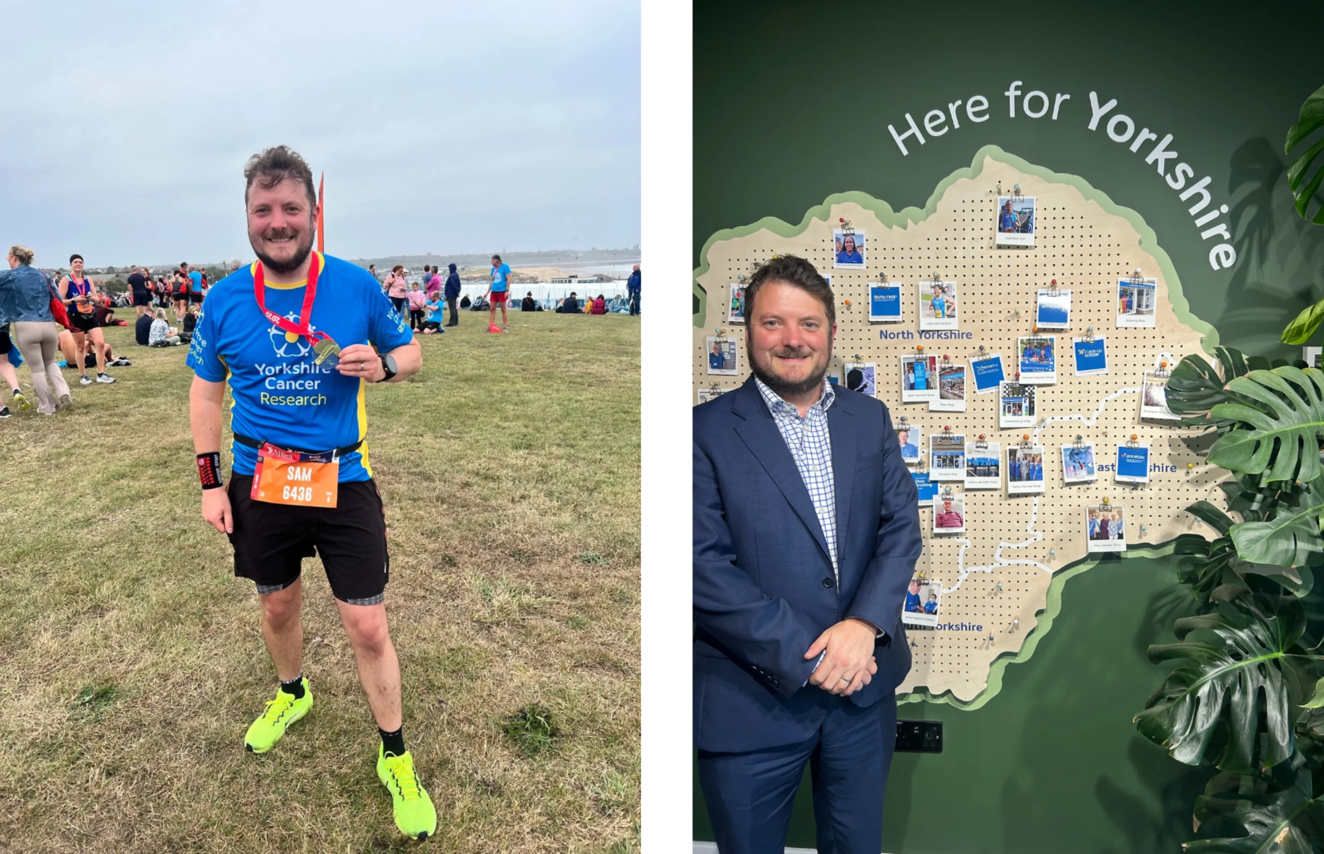 Two photos: Sam Jenner holding his medal after completing a challenge event; Sam Jenner in front of a map of Yorkshire