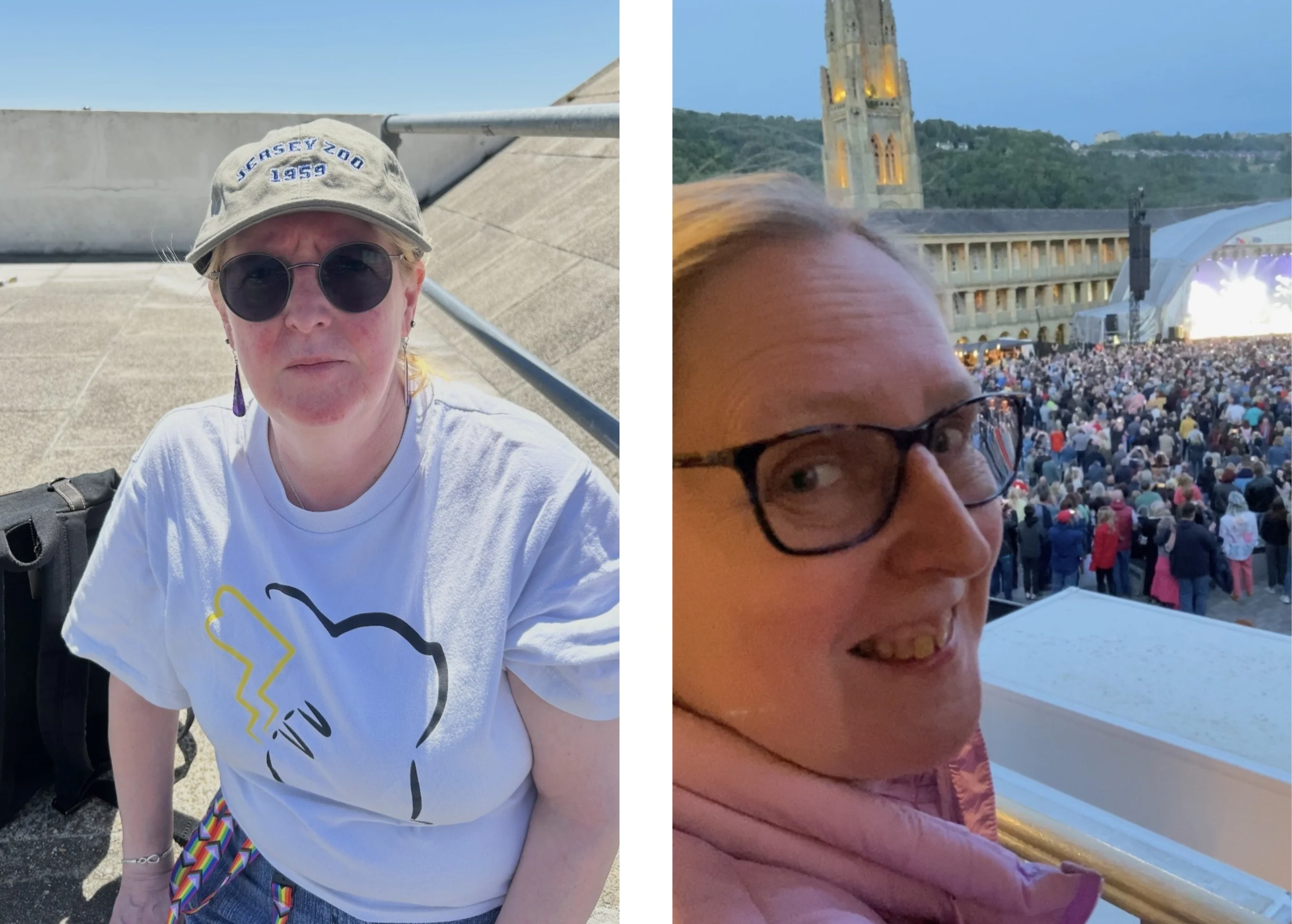 A collage of two images, on the left Chris wearing a white t-shirt, sunglasses, and a Jersey Zoo cap. On the right is a close up shot of Chris at the Piece Hall in Halifax enjoying live music.