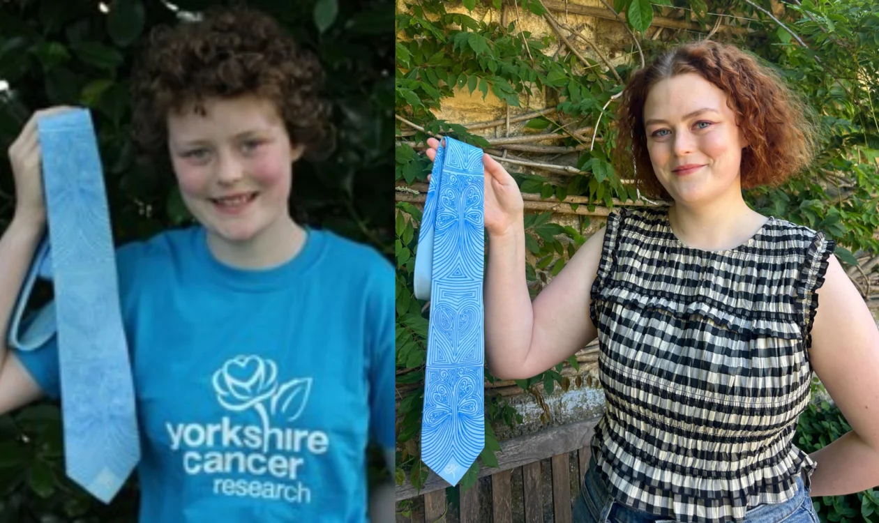 Two photos: Hannah as a child holding the tie she designed; Hannah, 12 years later and cancer-free, holding that same tie