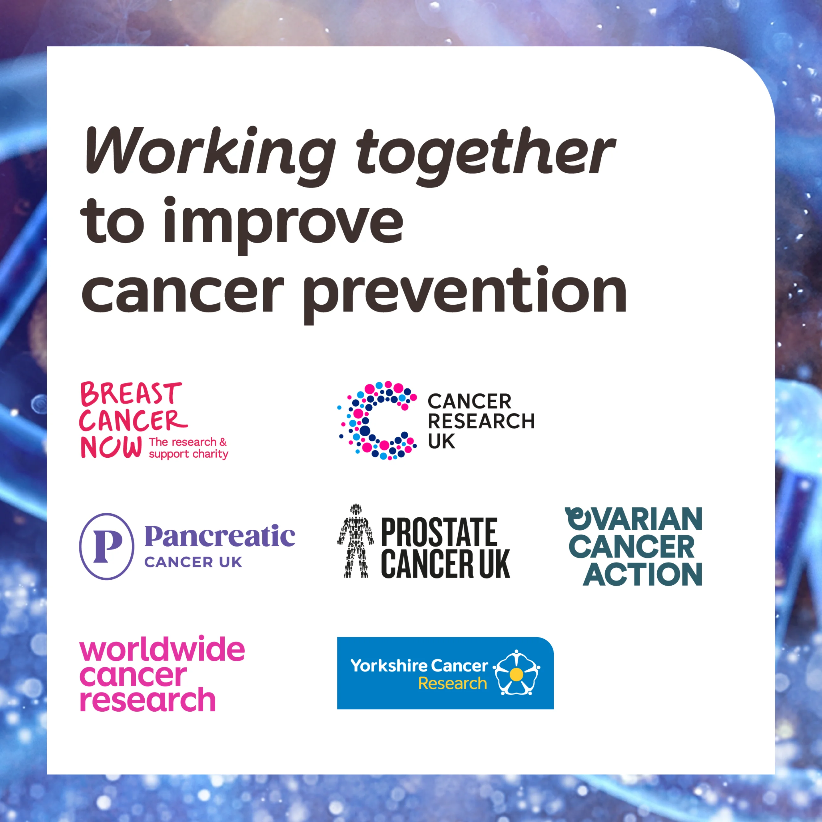 'Working together to improve cancer prevention' along with the seven cancer charity logos
