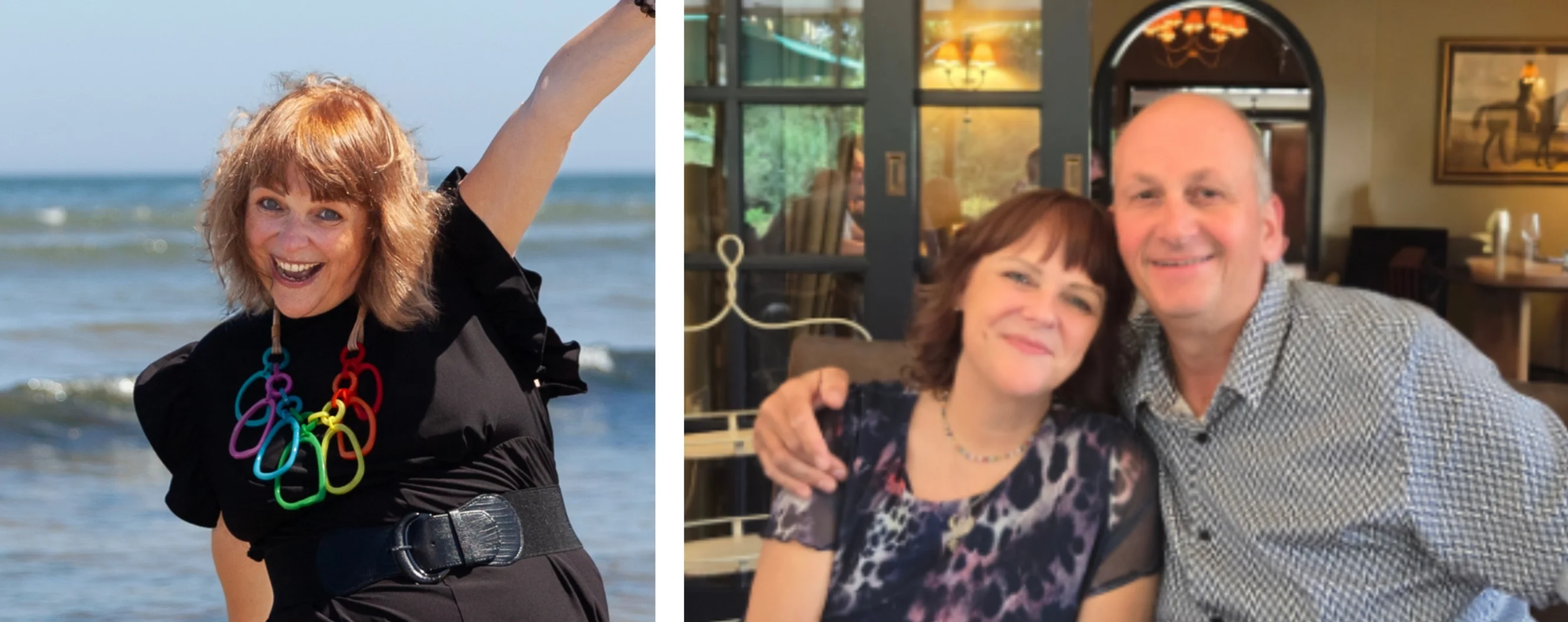 Two images; Nicky with her arm in the air in front of the sea; Nicky with her husband, Trevor