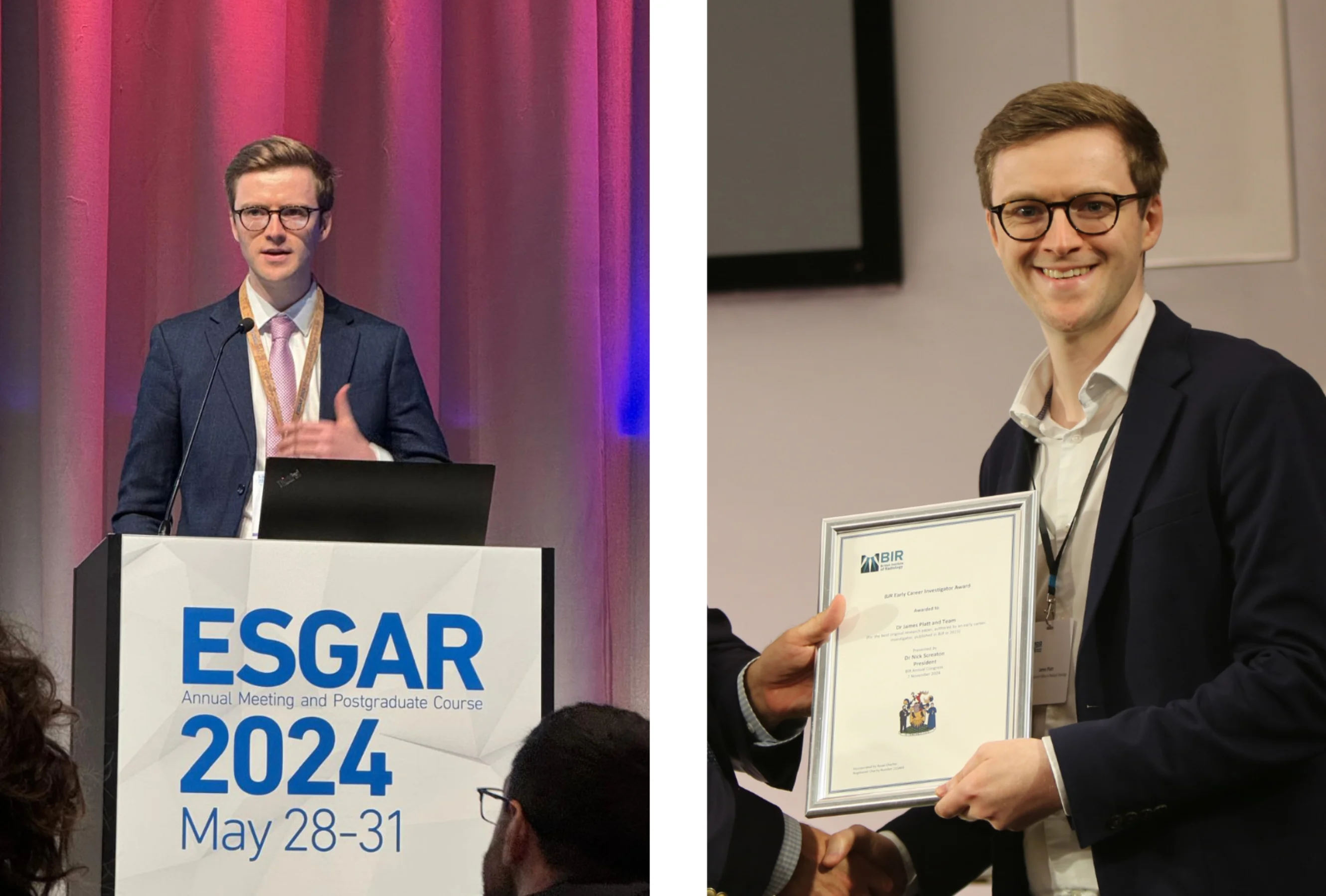 Two photos; Dr James Platt speaking at the ESGAR annual conference; and one photo of him holding up a certificate