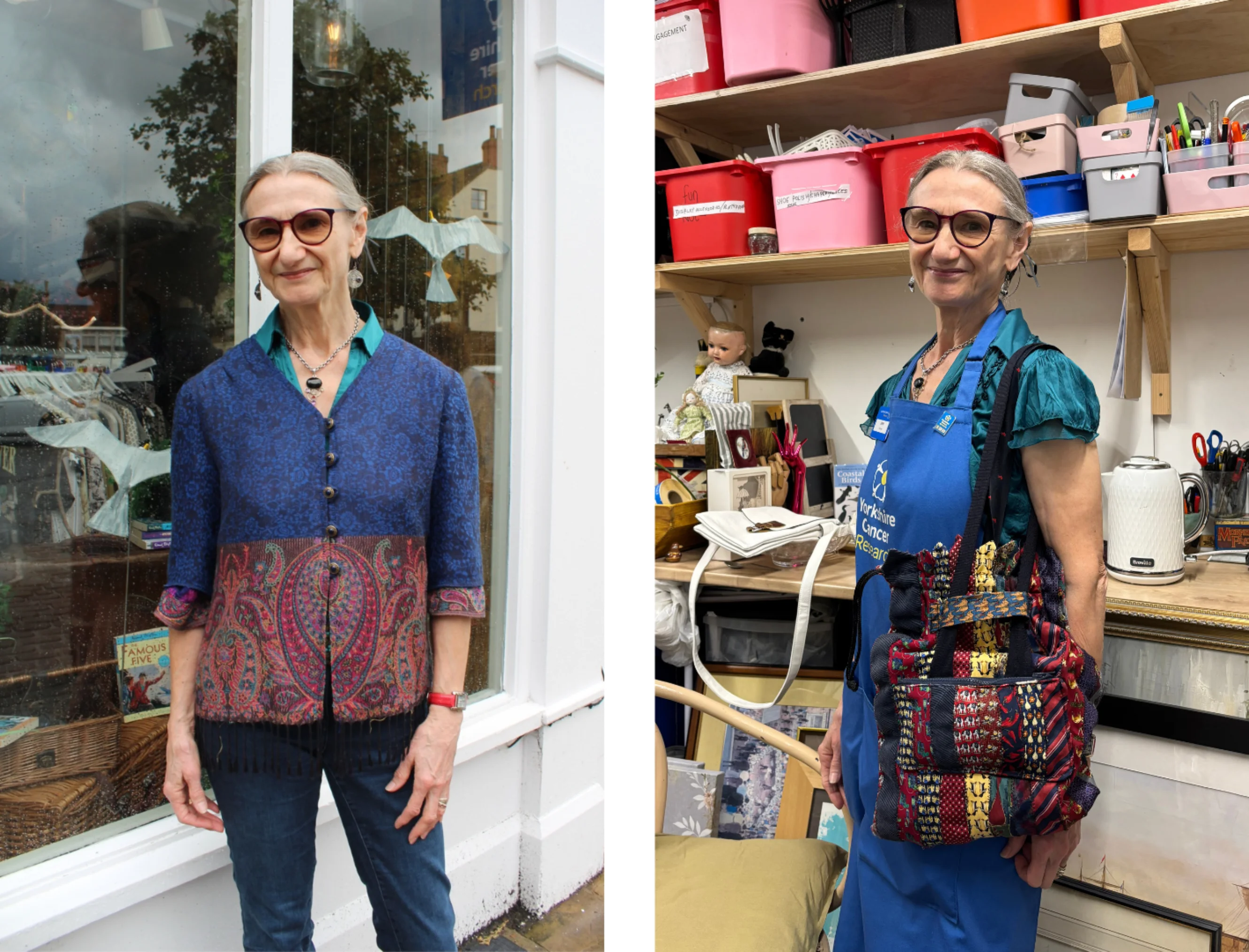 Janet Doemling standing in front of the shop in her shirt and standing in the shop with her bag