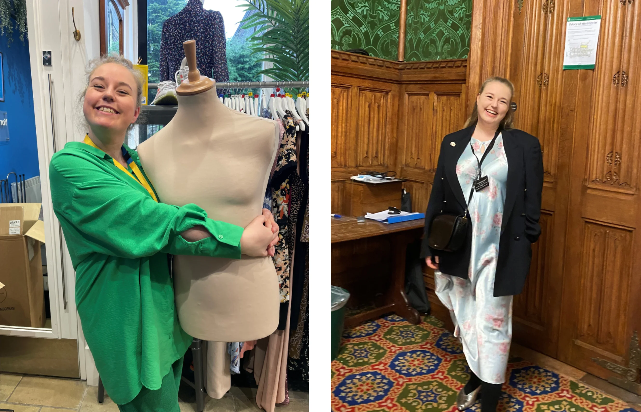 Aimee holding a mannequin and Aimee standing in front of Westminster