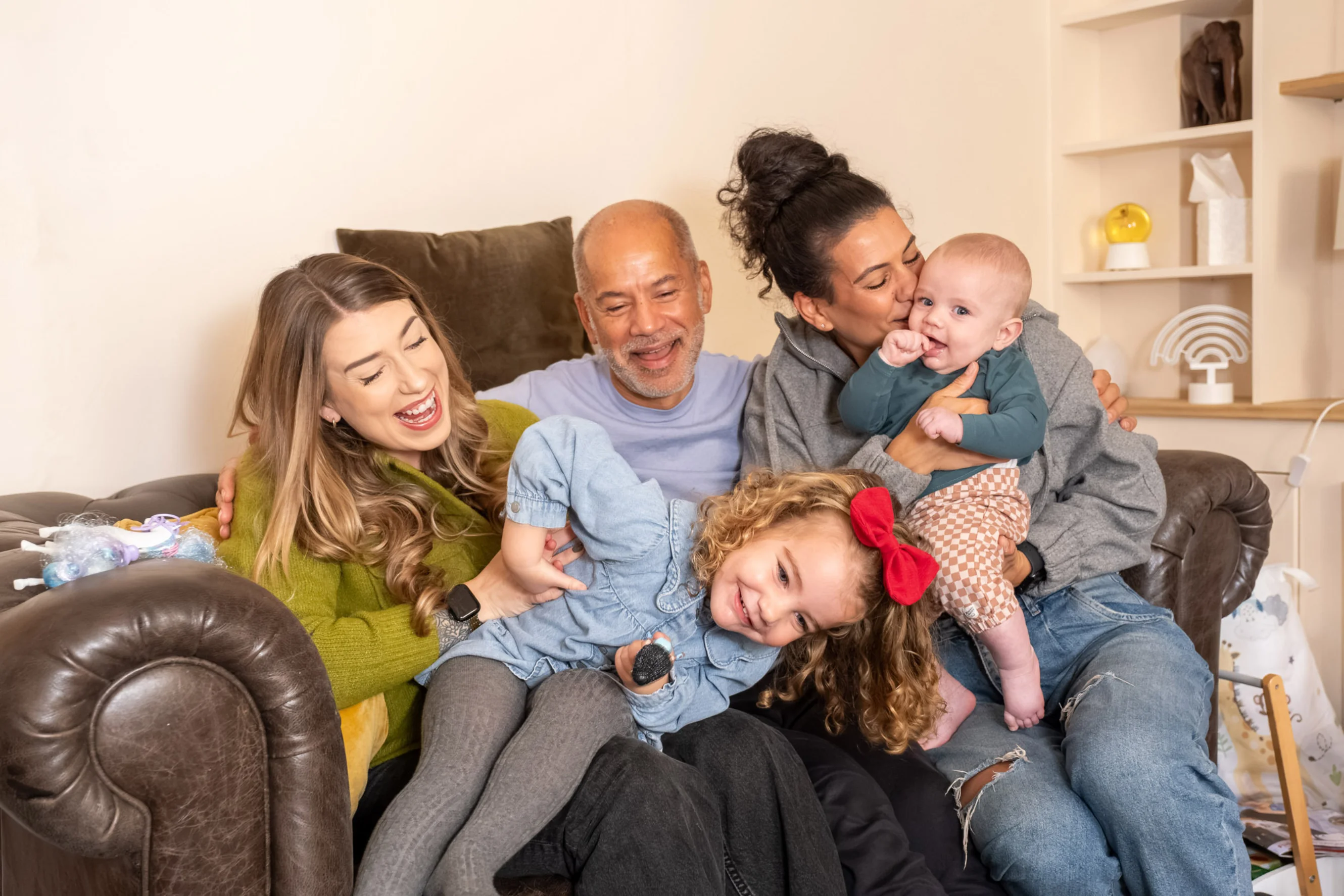 From left to right: Rowen Bloor, Russell McFarlane, Russell's granddaughter Florence, and Florence's mum, Lois, with baby Edison