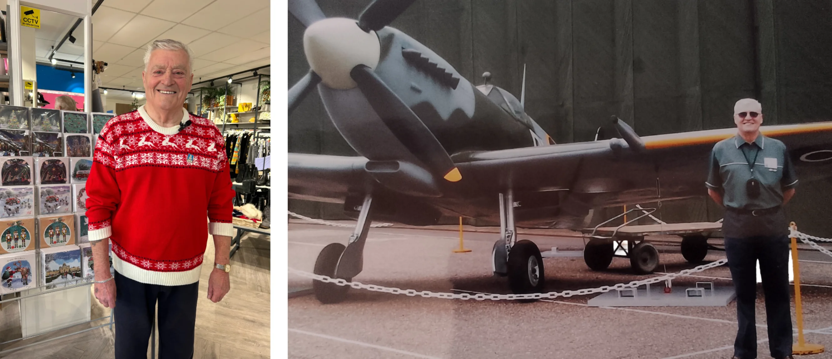 Two photos: Ian Hepburn in 2025 at the Ripon shop; Ian in his RAF uniform in front of a plane