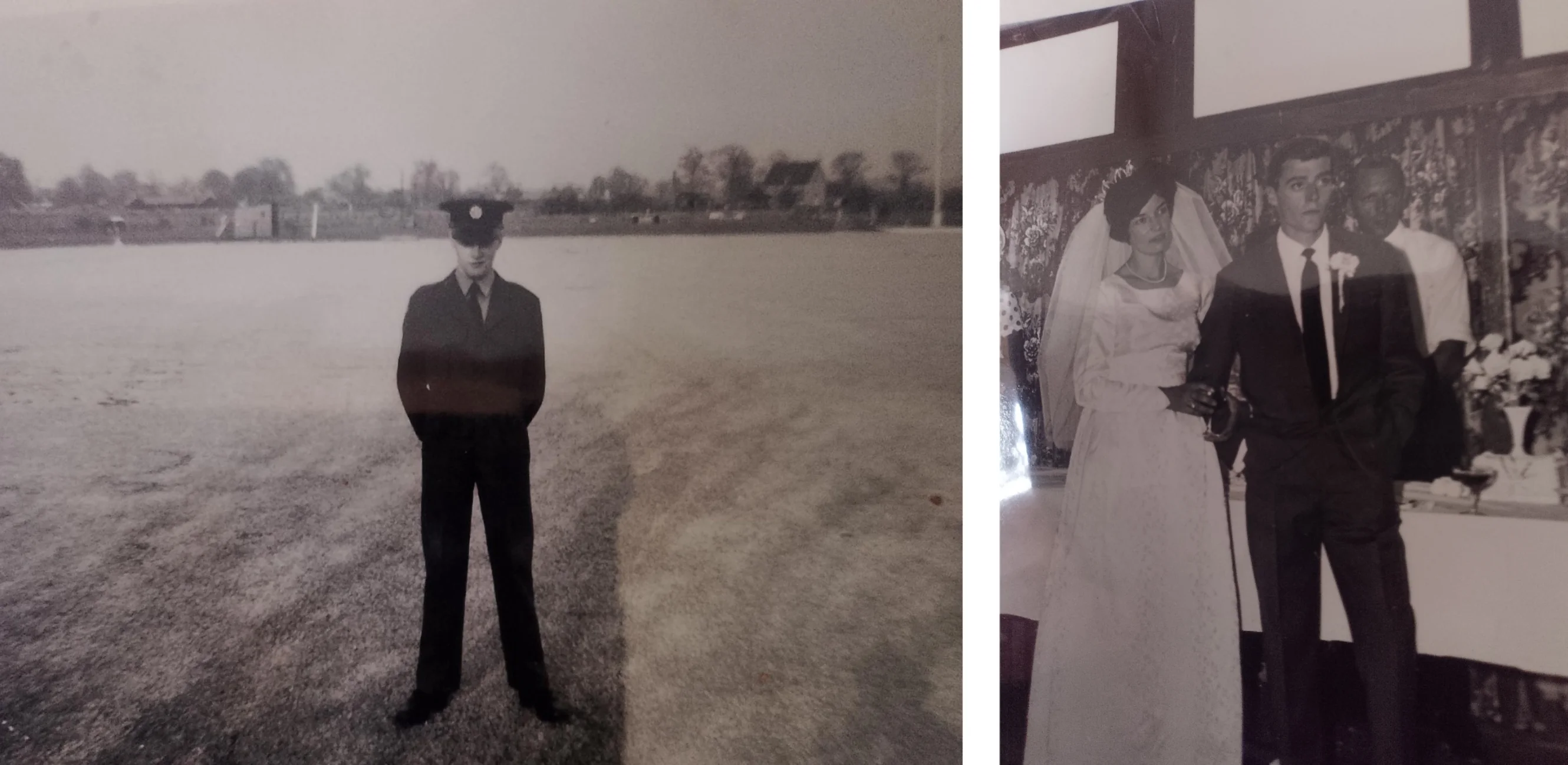 Two black and white photos: Ian in his RAF uniform; Ian on his wedding day to Betty