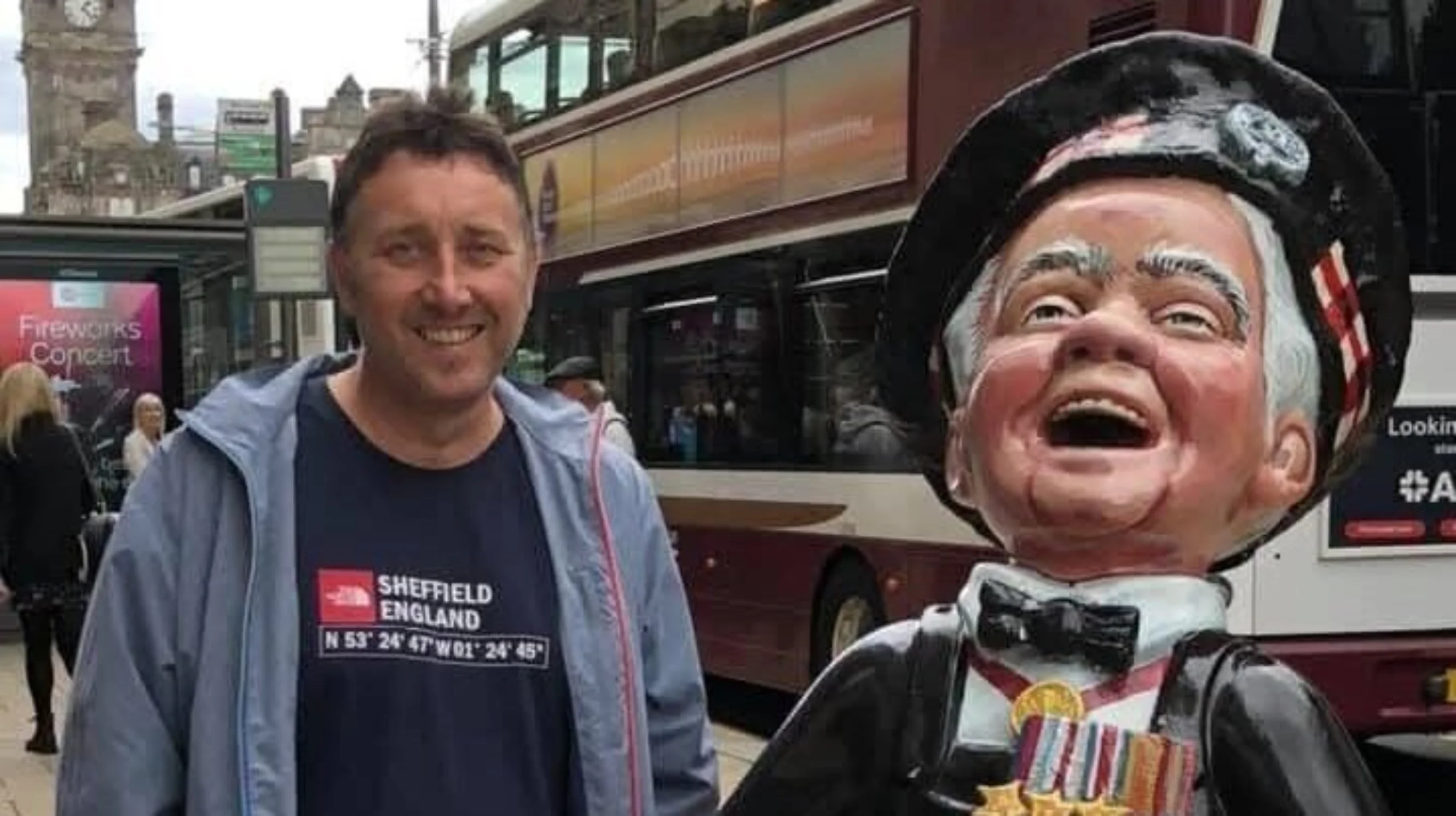 Jamie Revill stood in the city in a 'Sheffield England' t-shirt