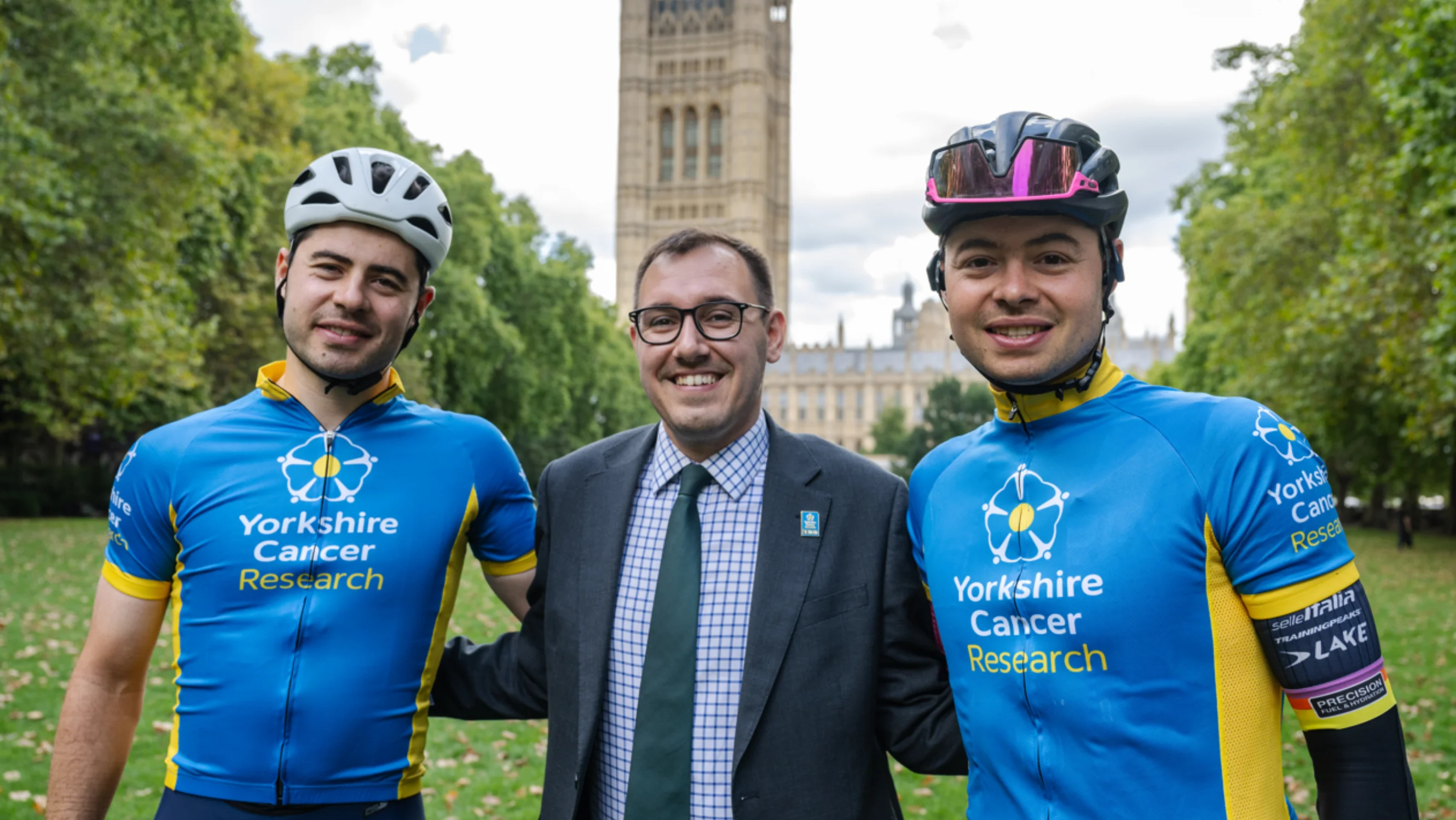 Yorkshire MP Tom Gordon with professional cyclists, Charlie and Harry Tanfield