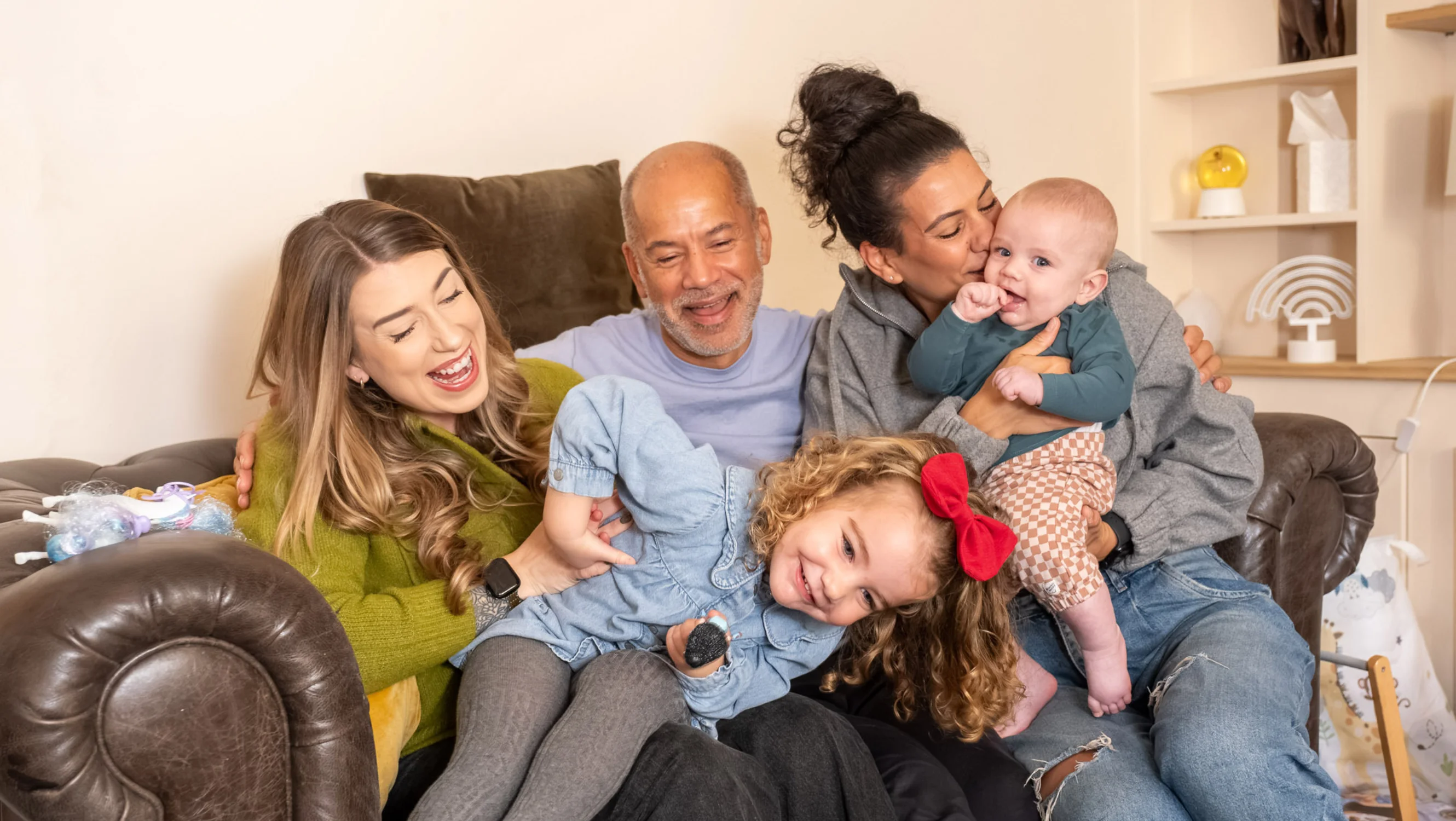 From left to right: Rowen Bloor, Russell McFarlane, Russell's granddaughter Florence, and Florence's mum, Lois, with baby Edison