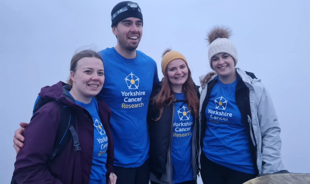 Group of four walkers who have reached the summit of Snowdon