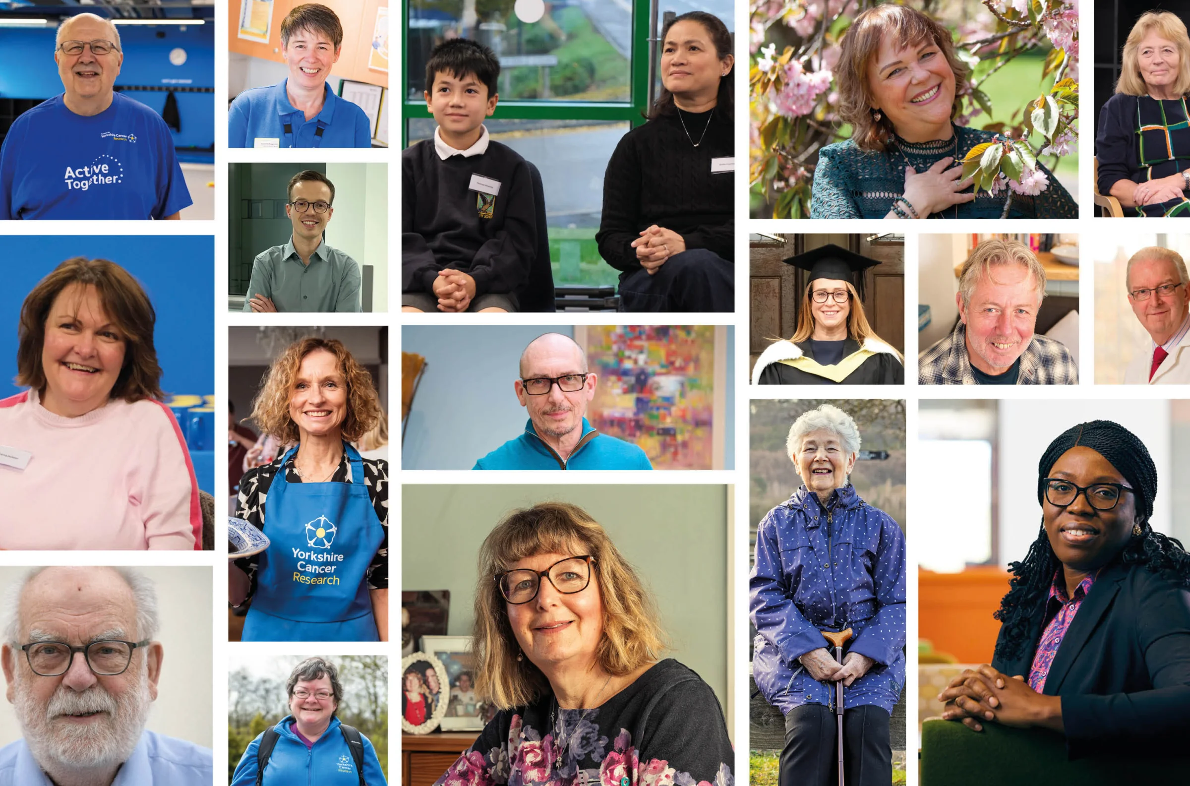 Collage of 17 different people and a child