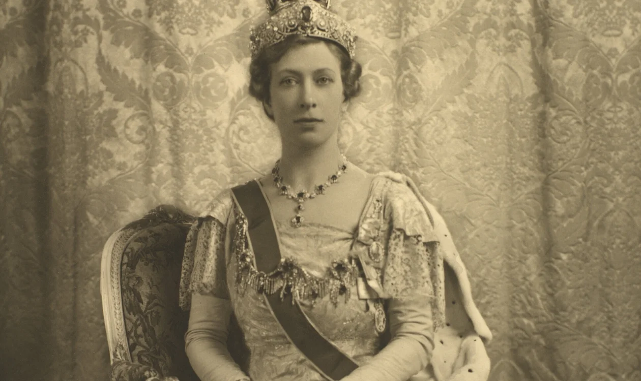 Princess Mary in a vintage photograph. She is wearing a crown and is adorned with jewels.
