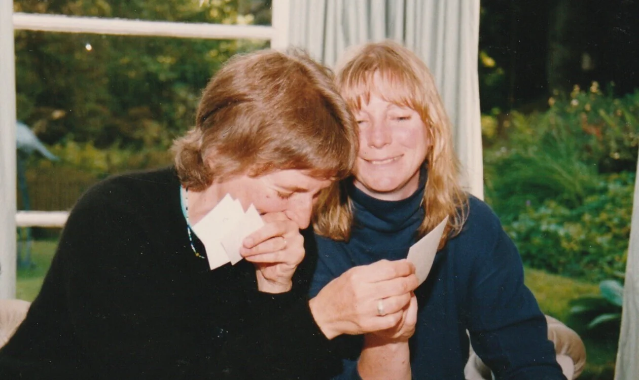 Sue and Polly laughing at photos 1993