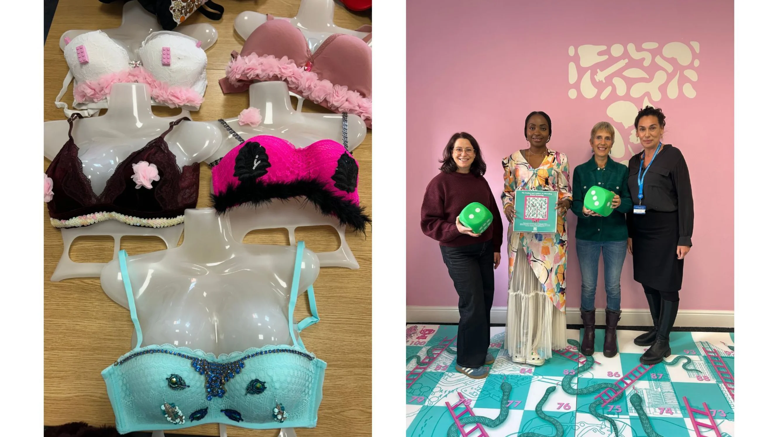 A collage of two images. On the left are the bras decorated during the creative workshop and on the right is a photo of four women, including Goodness and Emily, at the workshop.