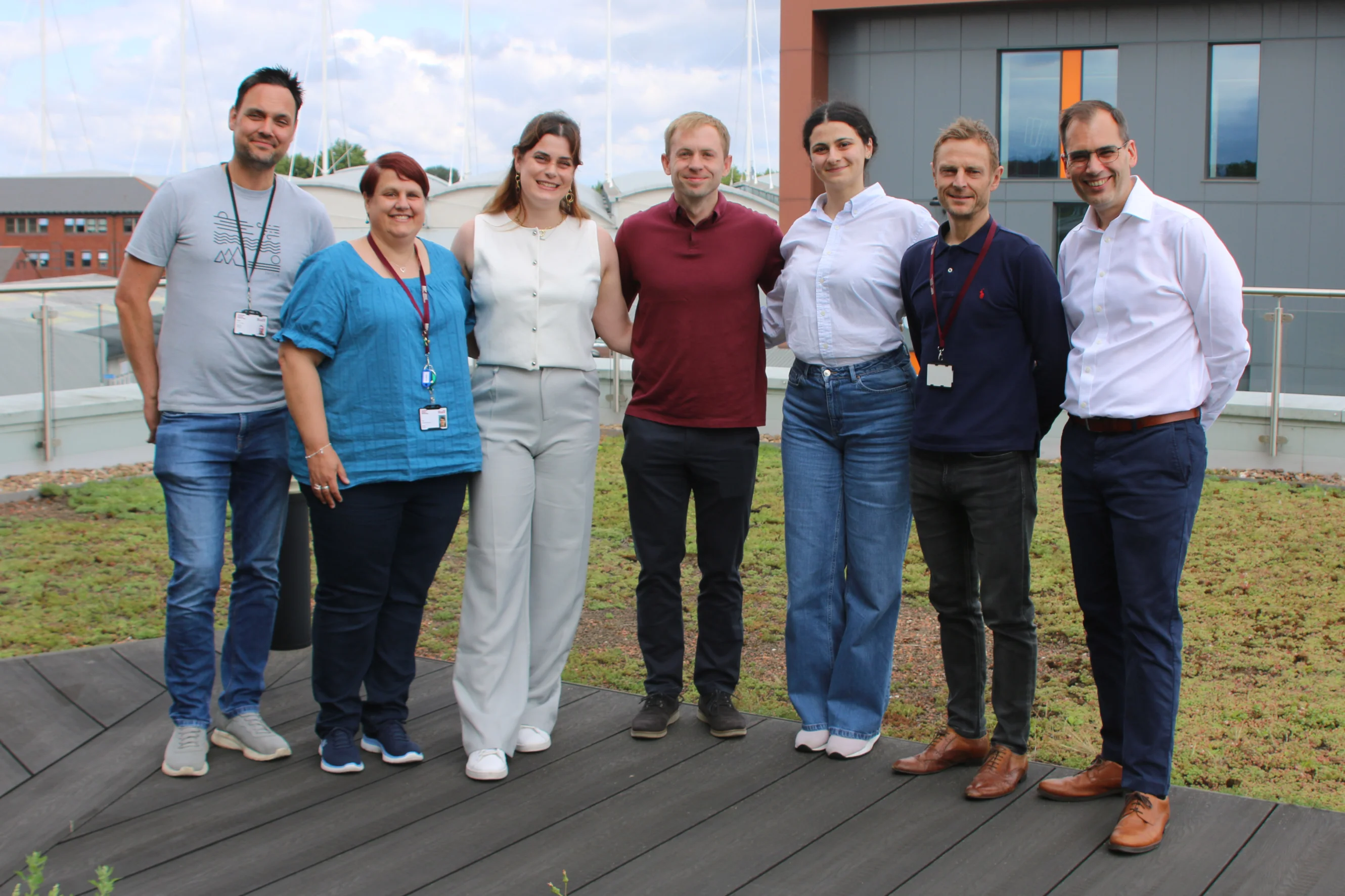 Konstantina and Vasia with the team at Sheffield Hallam University's Advanced Wellbeing Research Centre, including Professor Rob Copeland, Dr Stuart Griffiths, Director of Research at Yorkshire Cancer Research, and exchange fellow Tom Parkington.