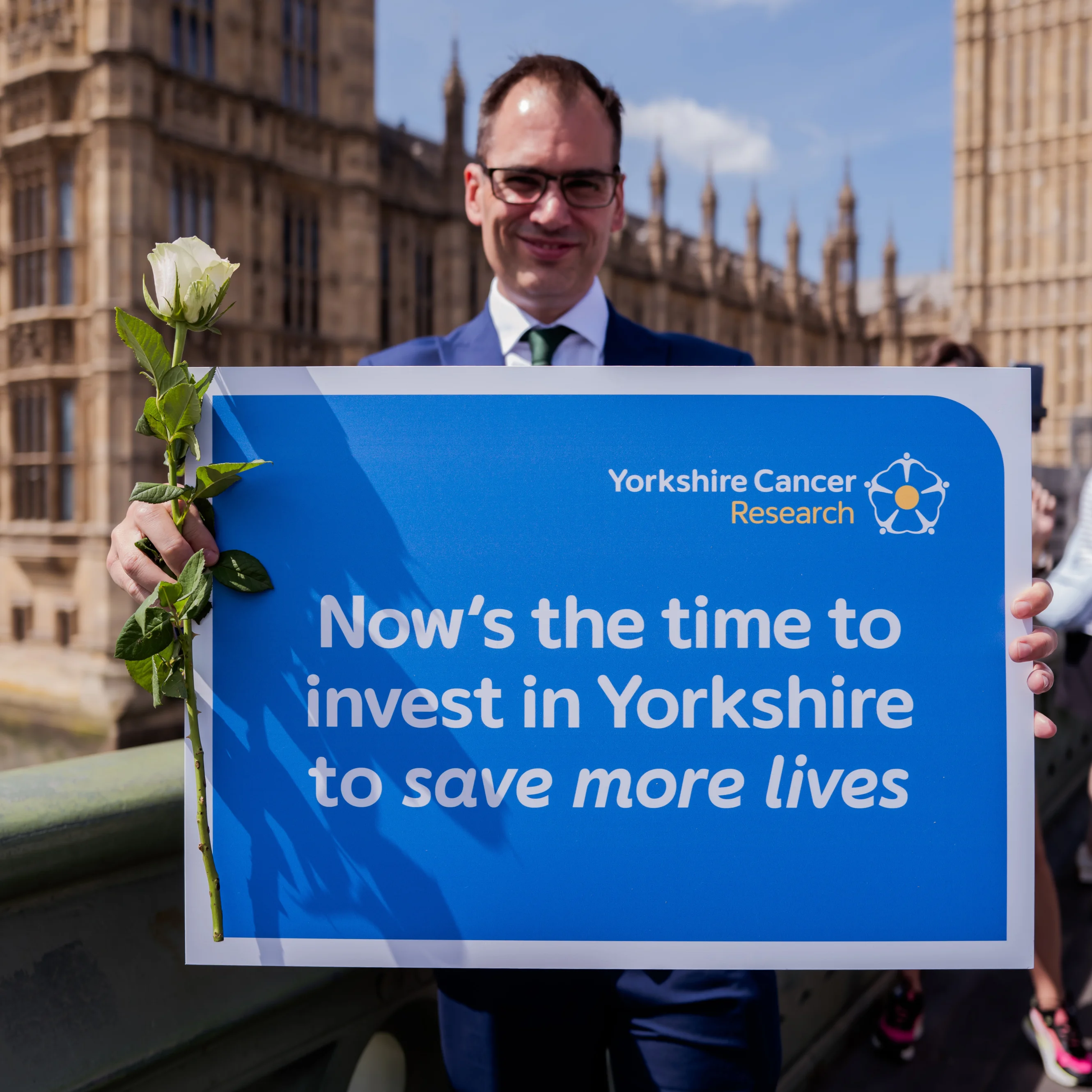 Dr Stuart Griffiths supporting the White Rose campaign outside Westminster