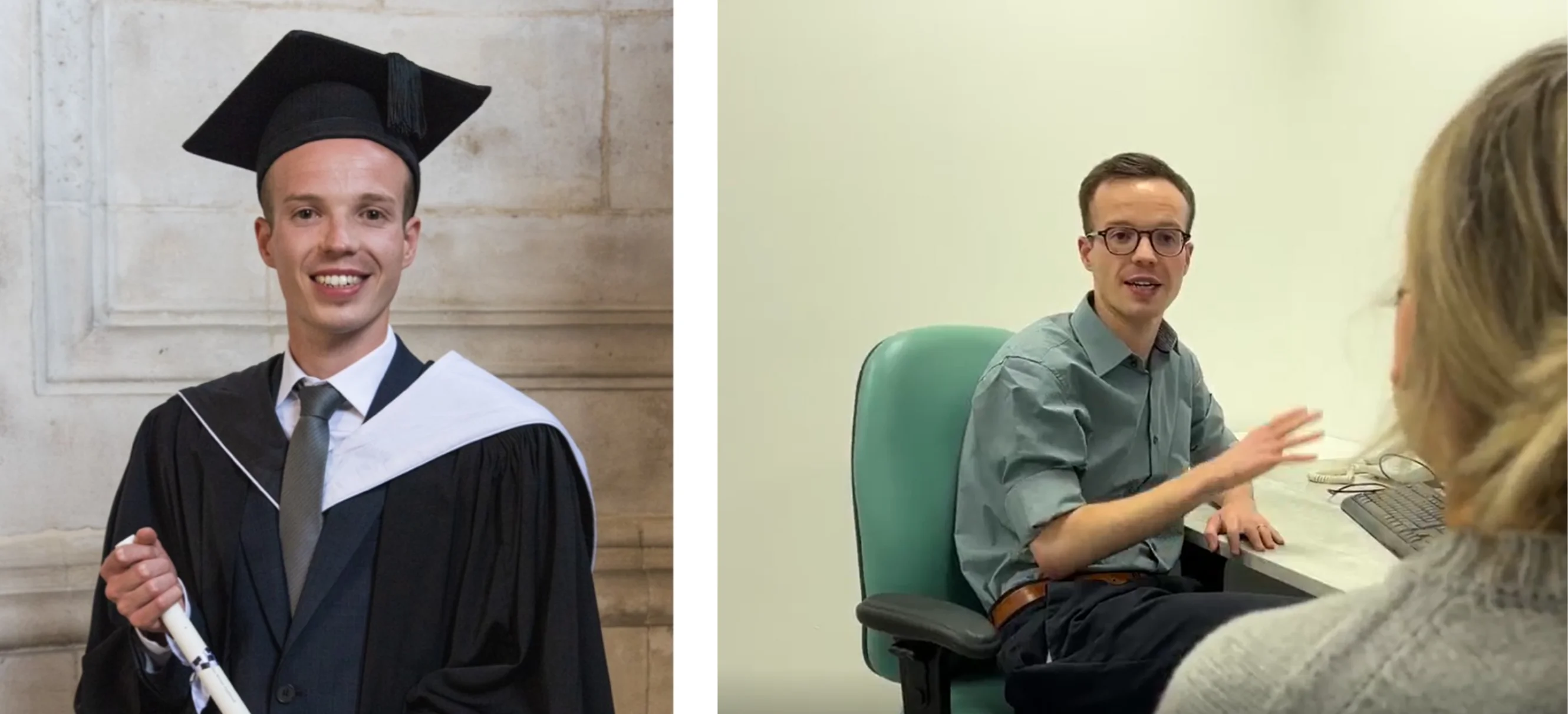 Dr Jordan Appleyard after graduating; Dr Jordan Appleyard with a patient