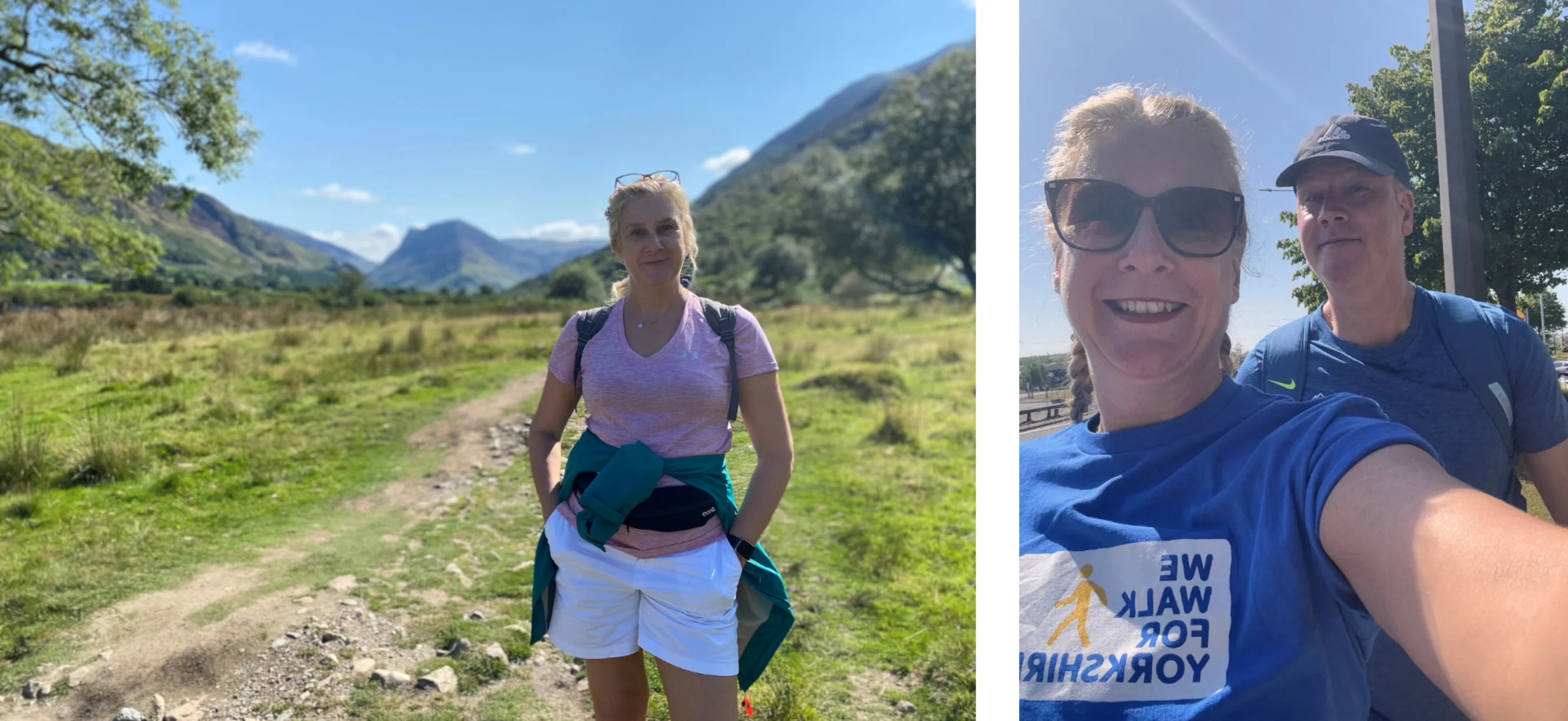 Jayne Hussey standing in front of a field and hills; Jayne with one of her colleagues Yorkshire t-shirt
