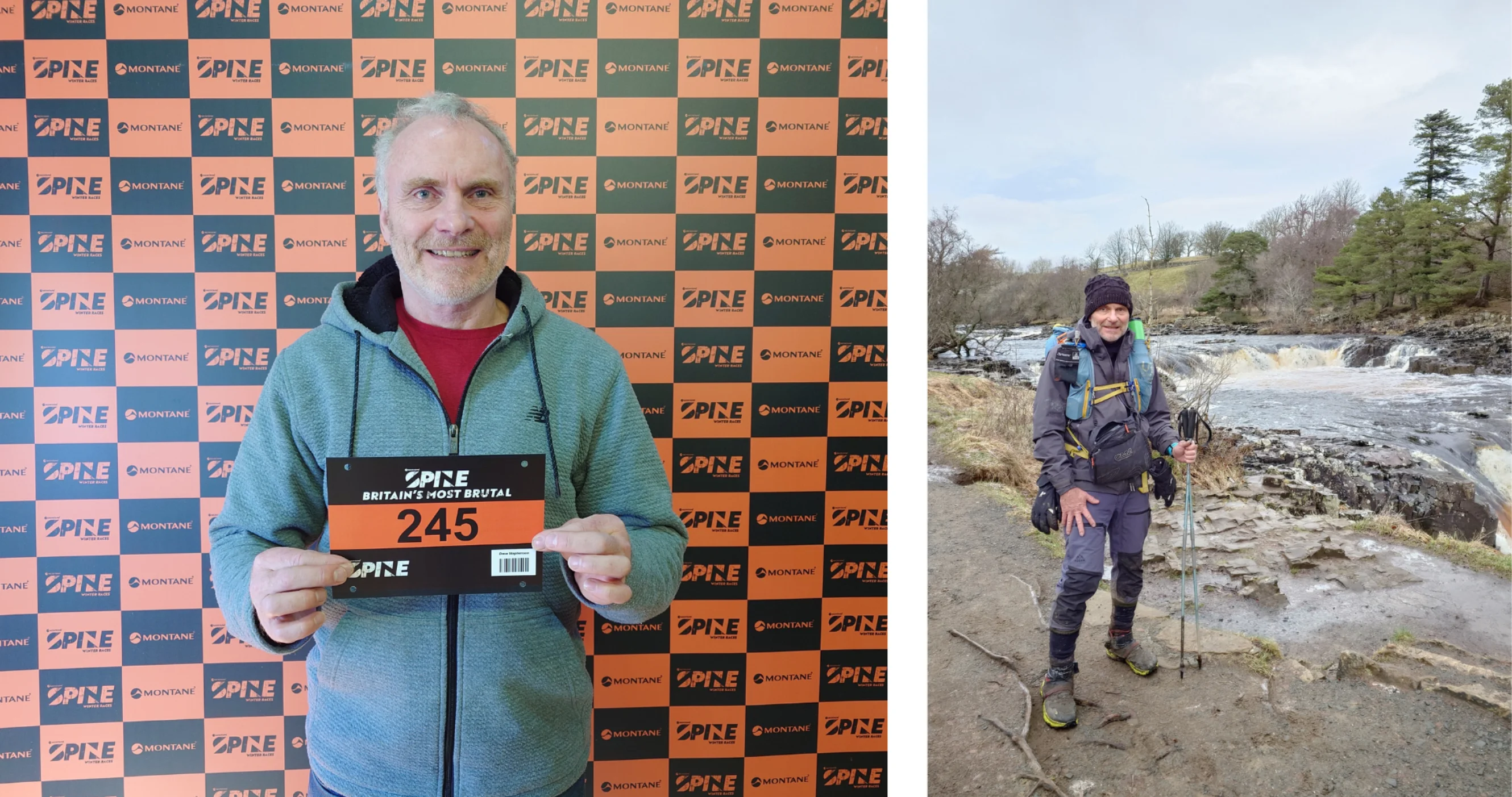 Dave Stephenson holding his race card; Dave in the woods by a river