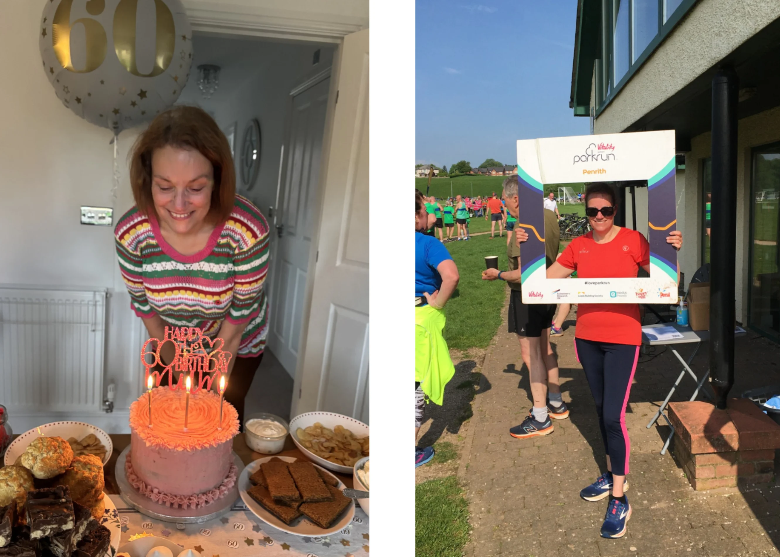 Josie blowing out the candles on her 60th birthday party cake; Josie holding her parkrun sign