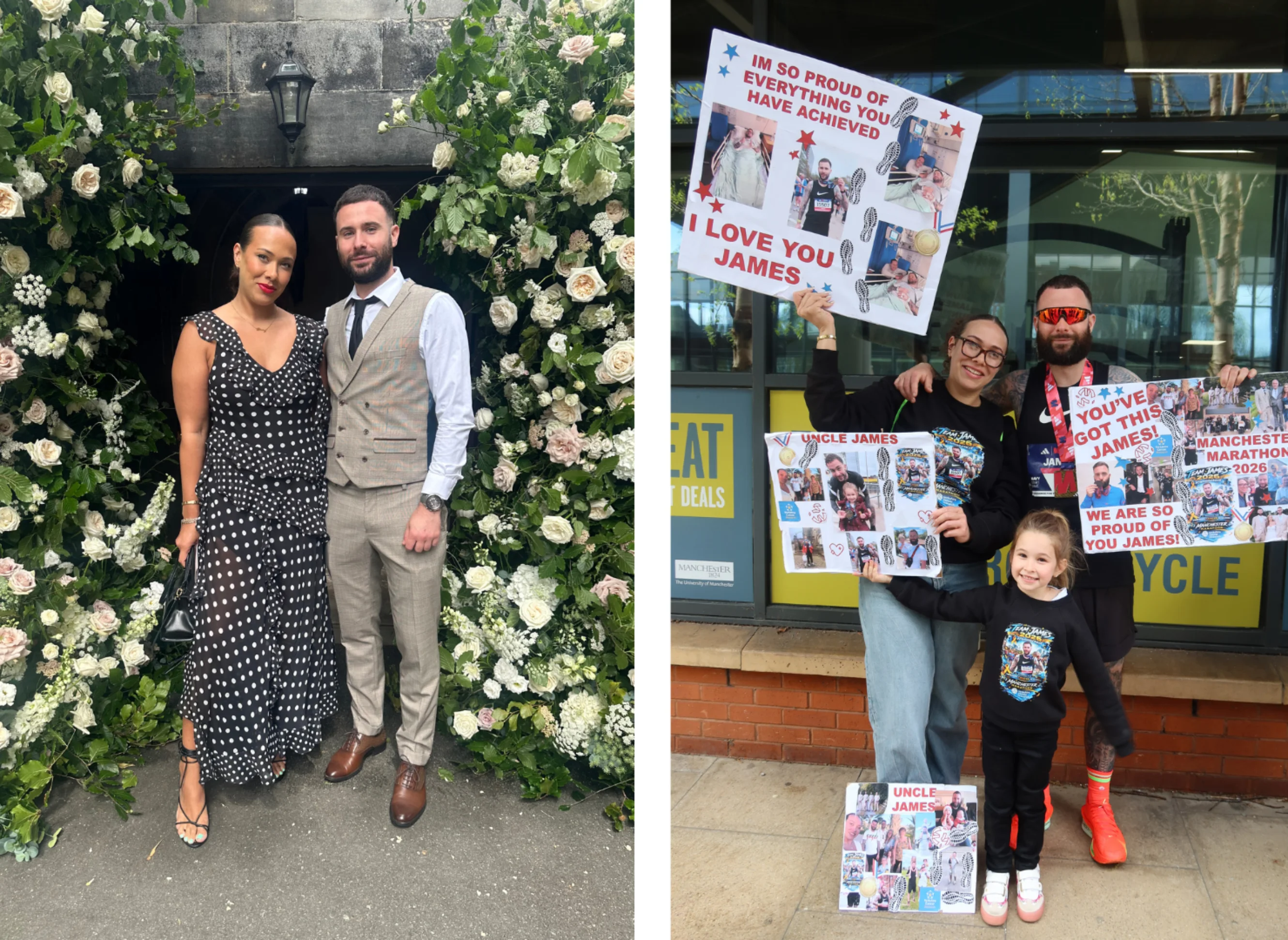 James and his partner Charys; James and his family after completing the marathon