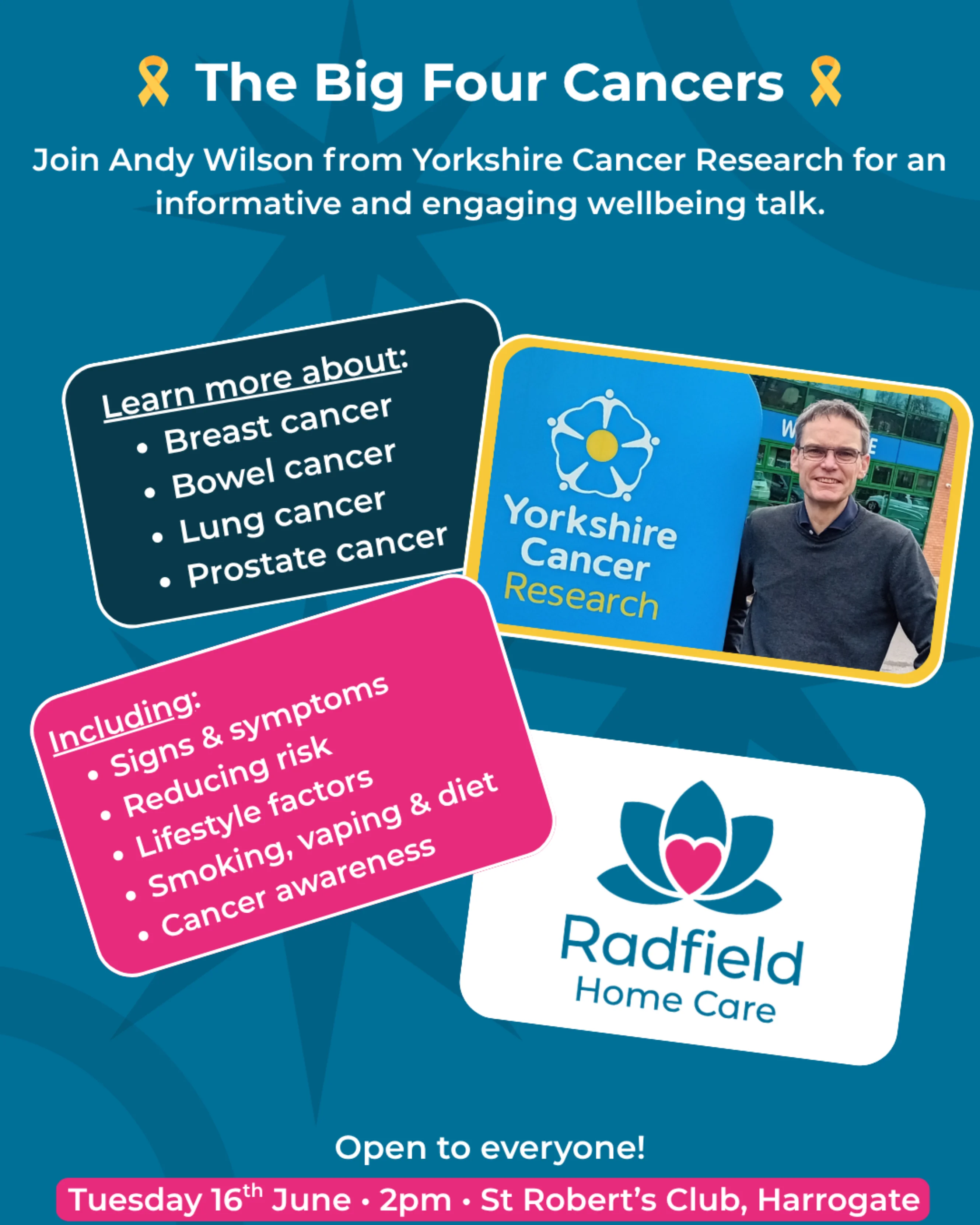 A poster with a blue background and 4 coloured text boxes, inviting you to come learn about Breast, Bowel, Lung and Prostate cancer. This includes signs and symptoms, reducing risk, lifestyle factors, Smoking, vaping and diet and cancer awareness. Hosted by Radfield Home Care.