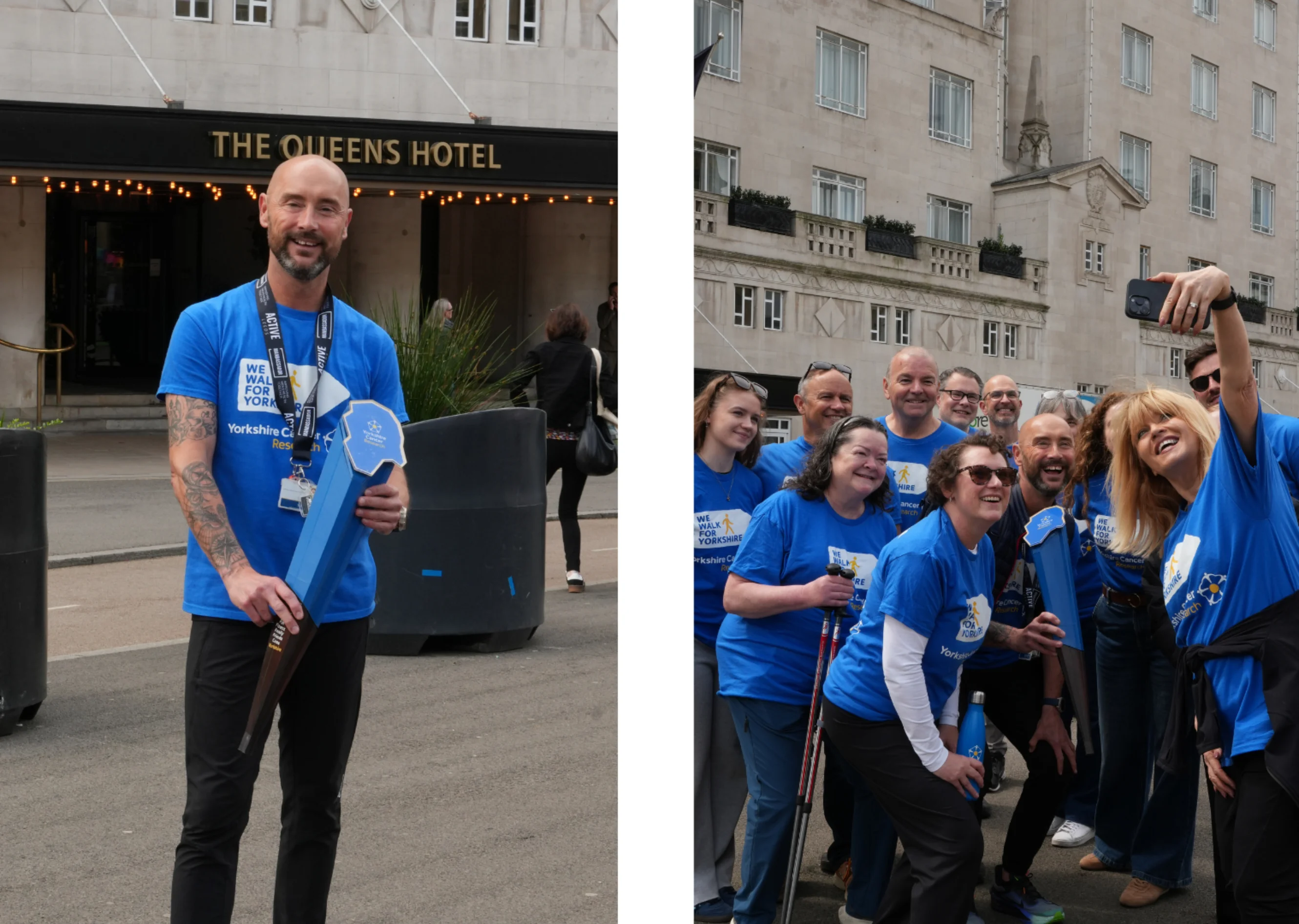 Neil posing with the baton; Christine taking a selfie with charity supporters