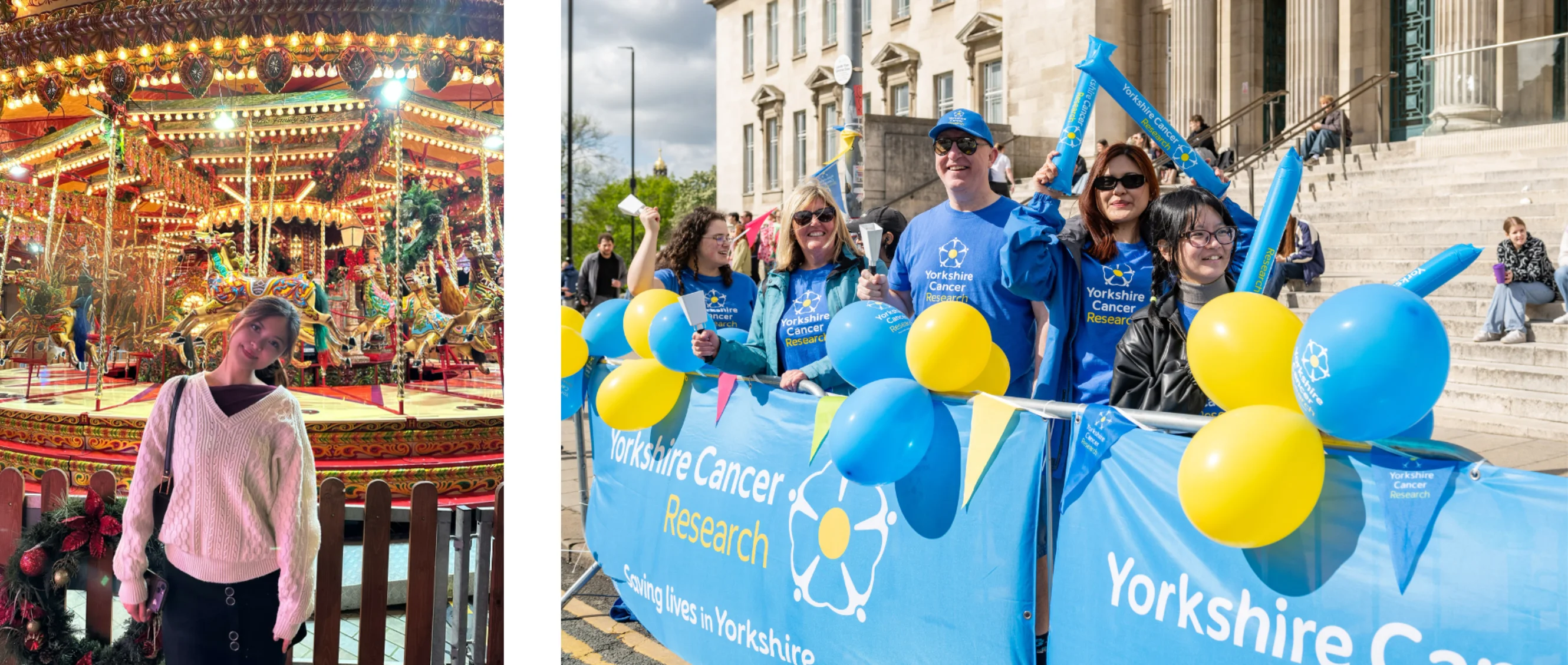 Suzy standing in front of a carousel; Suzy cheering with the team at the Leeds Half Marathon