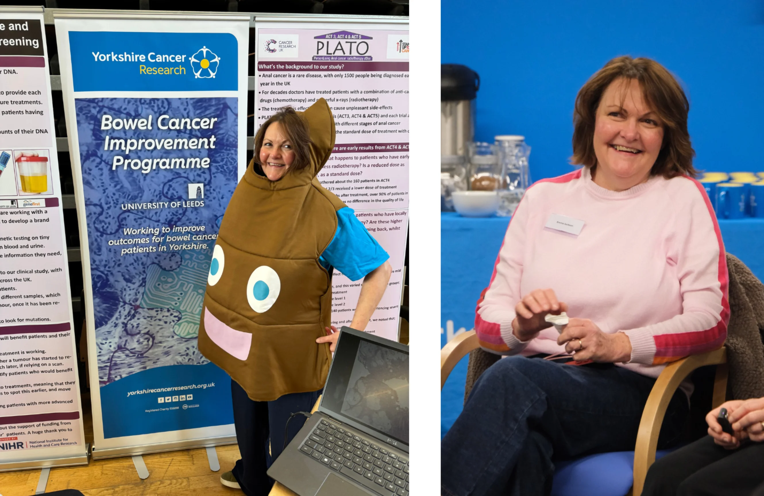 Emma in her poo uniform in front of the Bowel Cancer Improvement Programme sign; Emma smiling, sitting in a chair