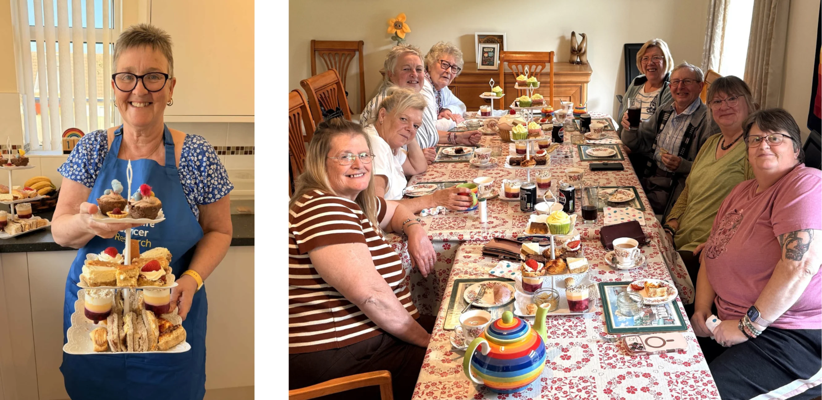 Karen holding a tray of bakes; Karen's friends and family enjoying an afternoon tea