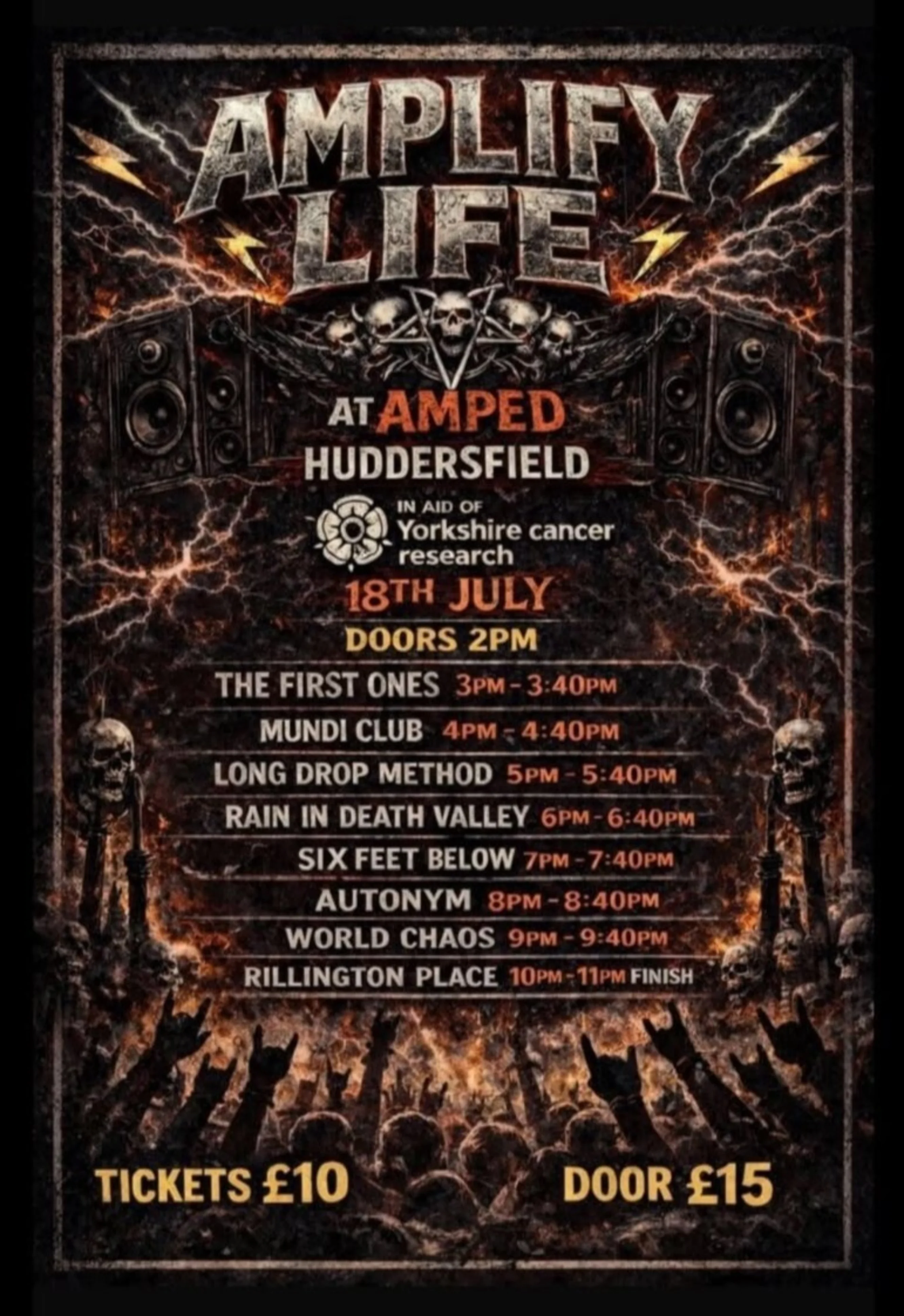 A post for the Amplify Life all day concert, featuring eight bands with set times, heavy-metal themed artwork, and ticket prices.