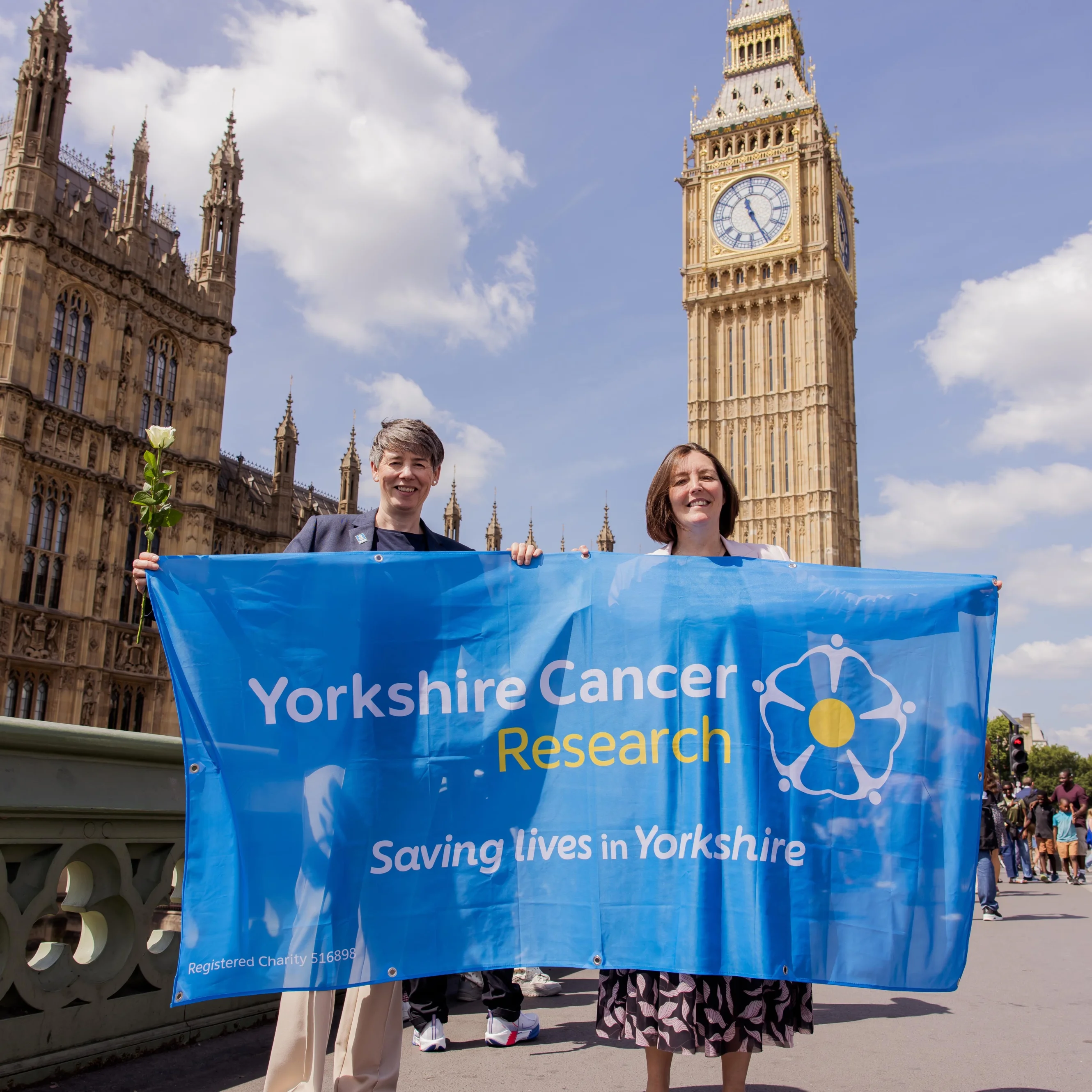 Suzanne Rogerson, a Lead Nurse for Research and Innovation, and Dr Kathryn Scott campaign outside Westminster for action to tackle health inequalities in Yorkshire