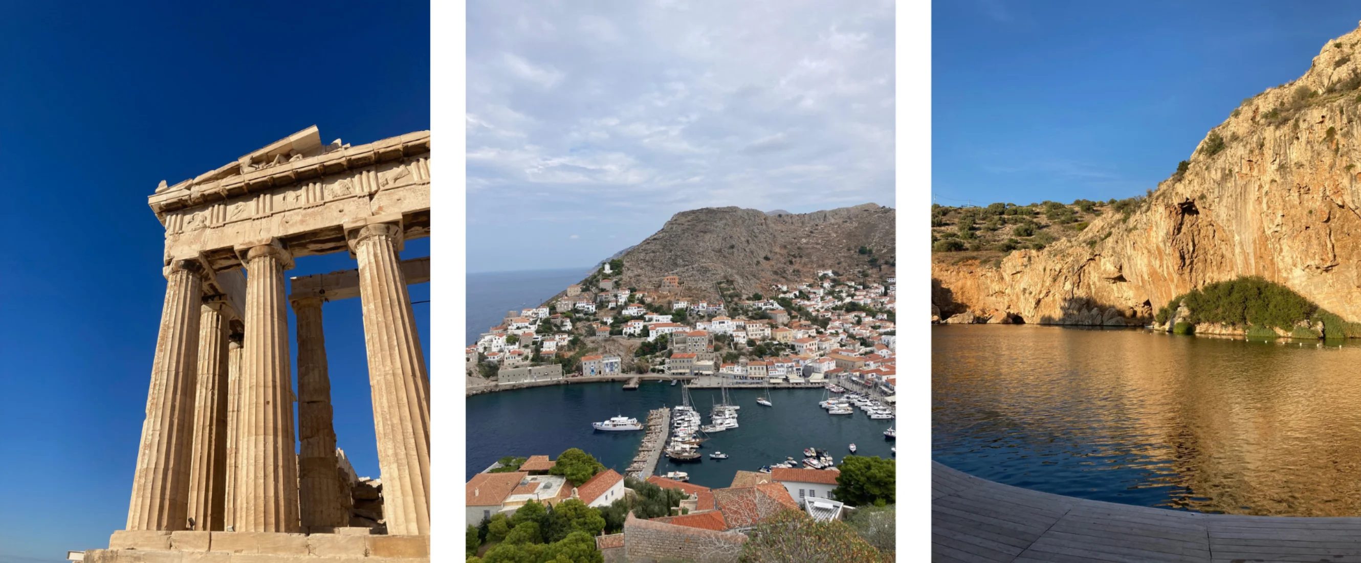 Image 1 - Ruins in Athens. Image 2 - a Greek island town. Image 3 - the sea by a cliff