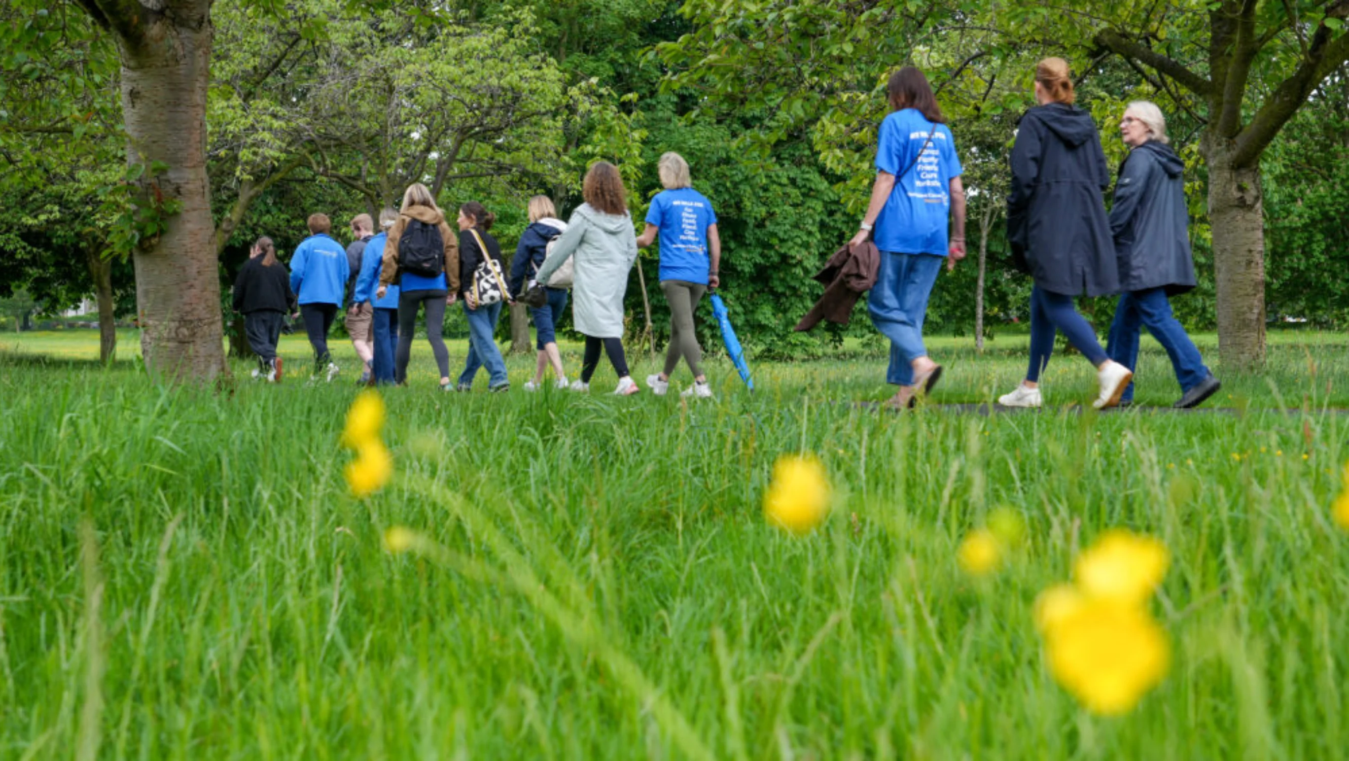 The group walking through grass