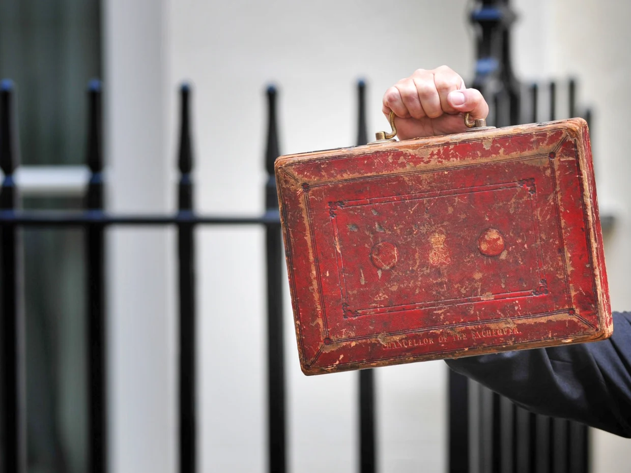 Someone holding up the budget suitcase